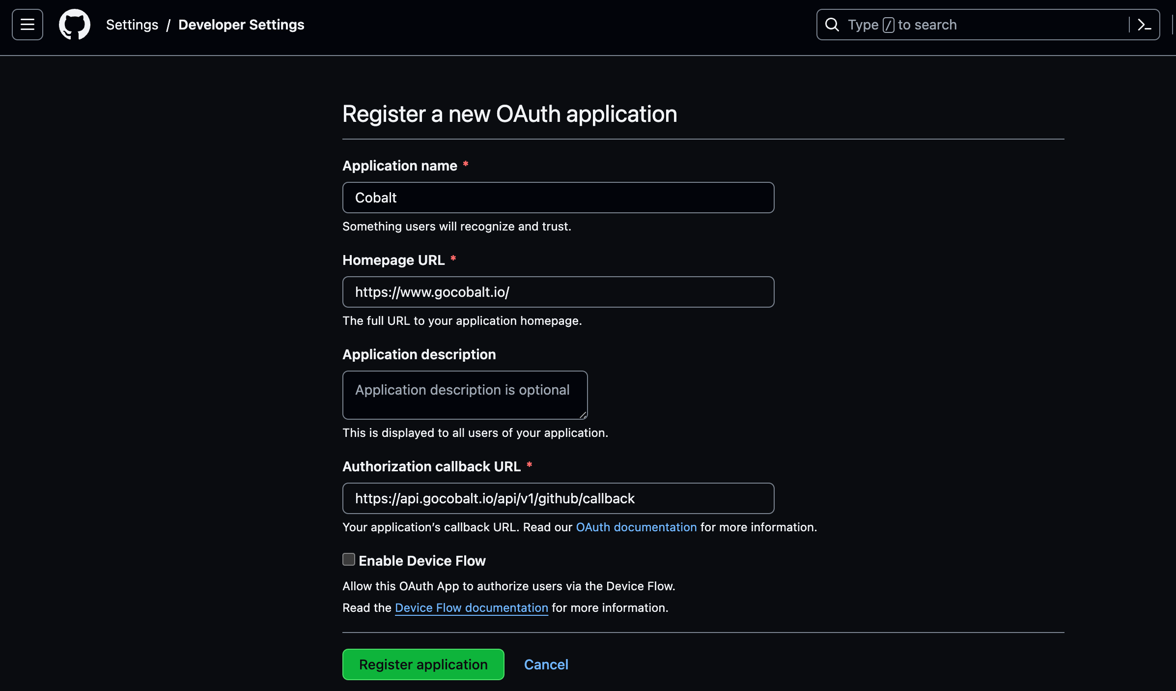Setting up GitHub Developer app