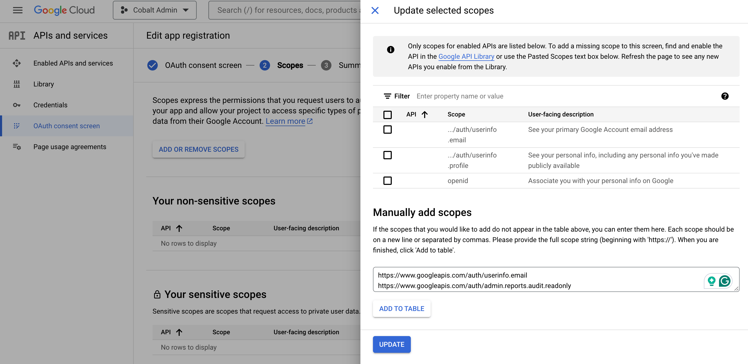 Scopes Selection in Google Admin App