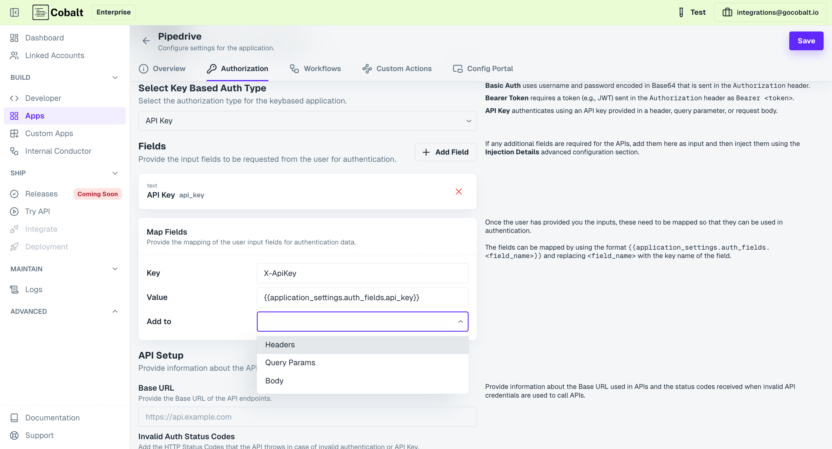 Key-based authorization setup