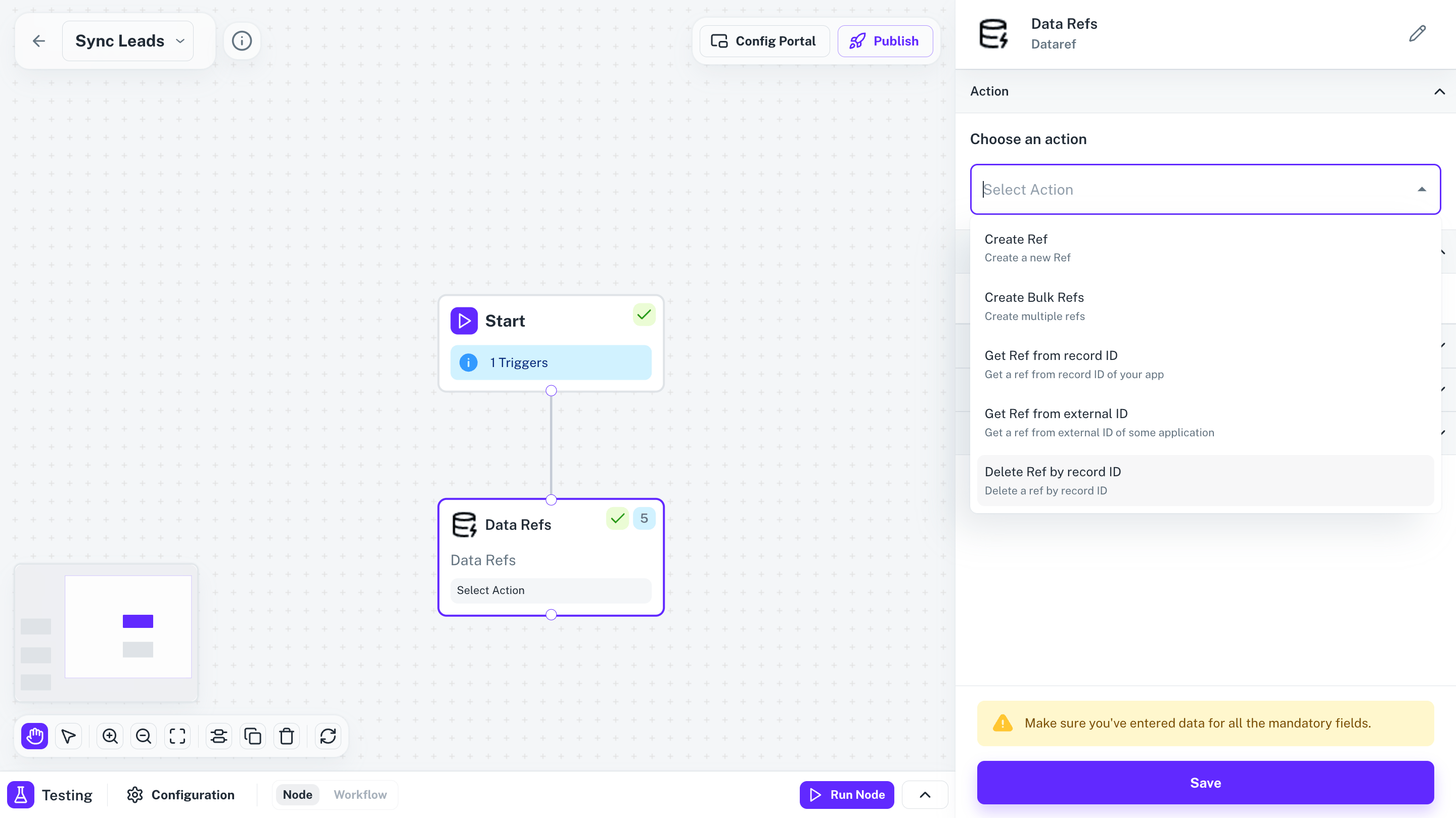 The action picker for the Data Ref node listing all five available actions