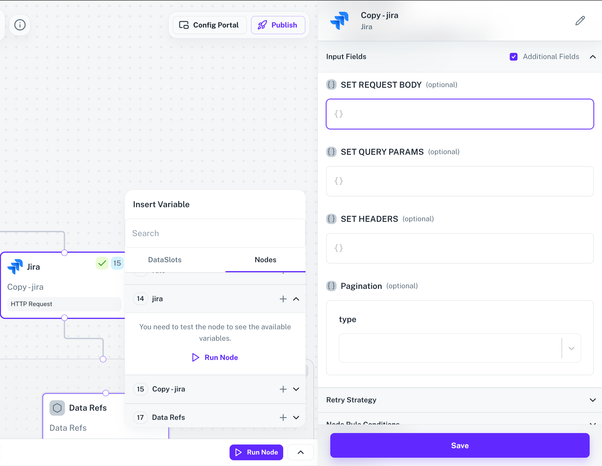 Running a node test to expose its response variables