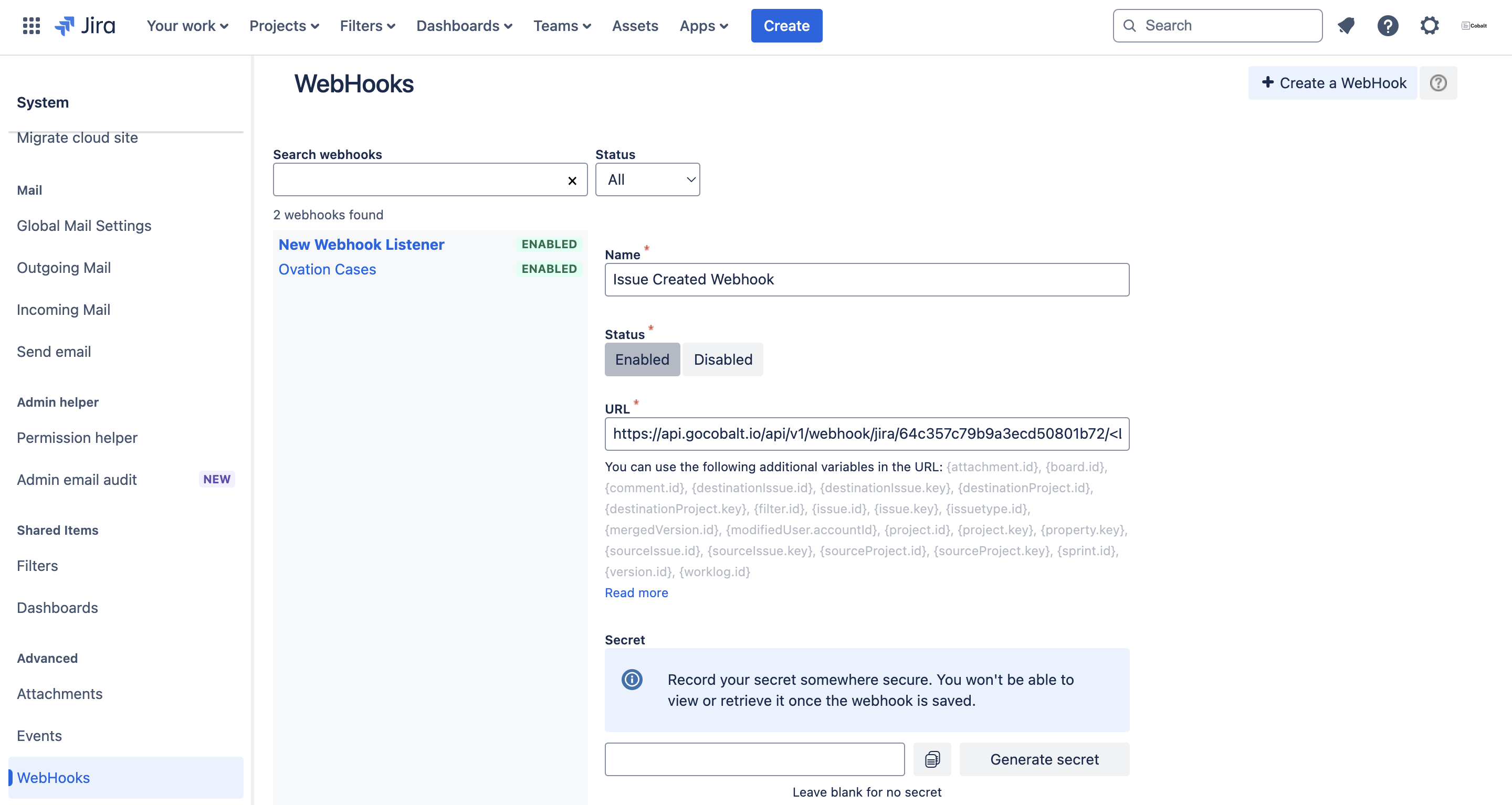Setting up Jira WebHook URL