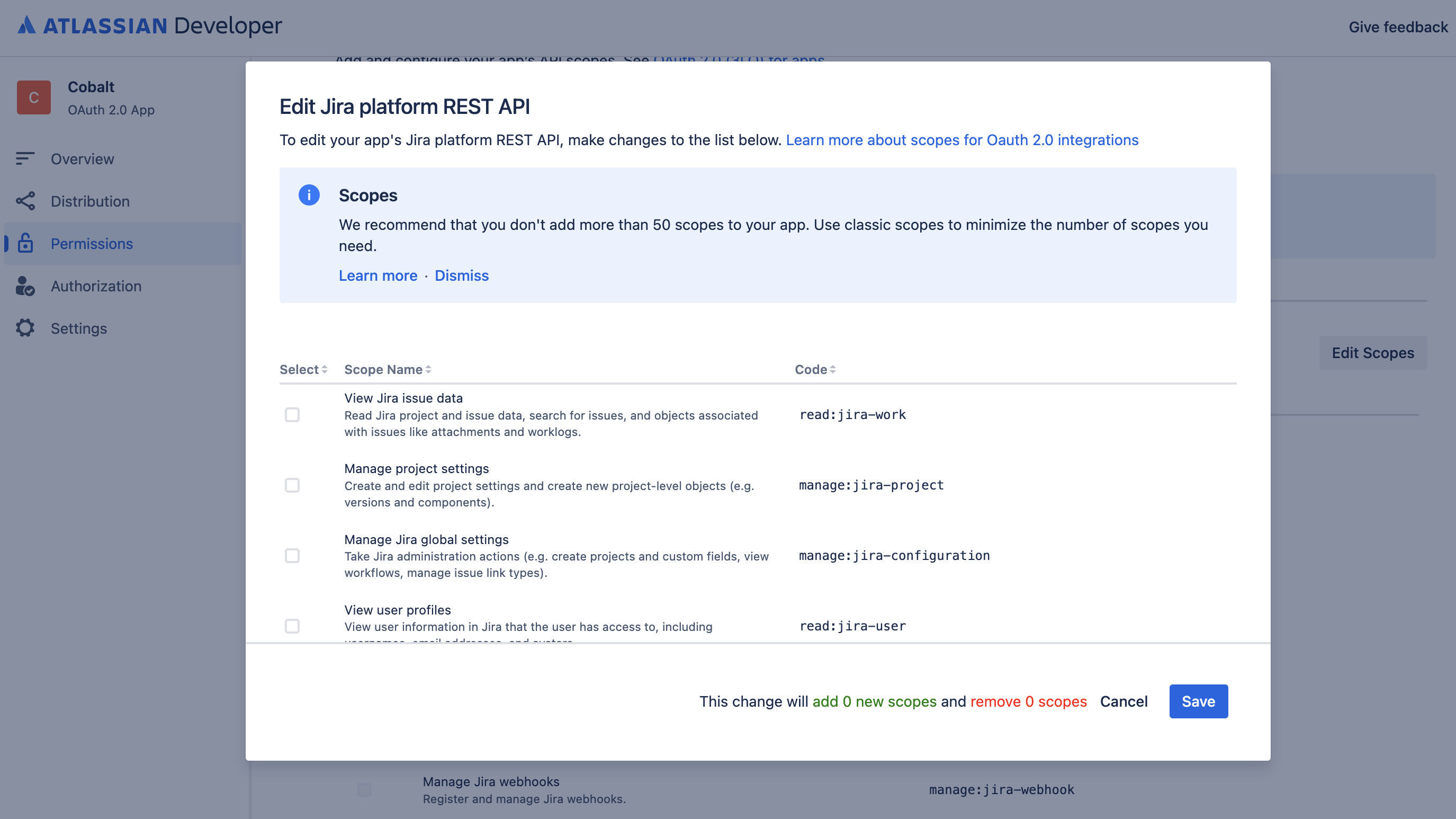 Scopes Selection in Jira App