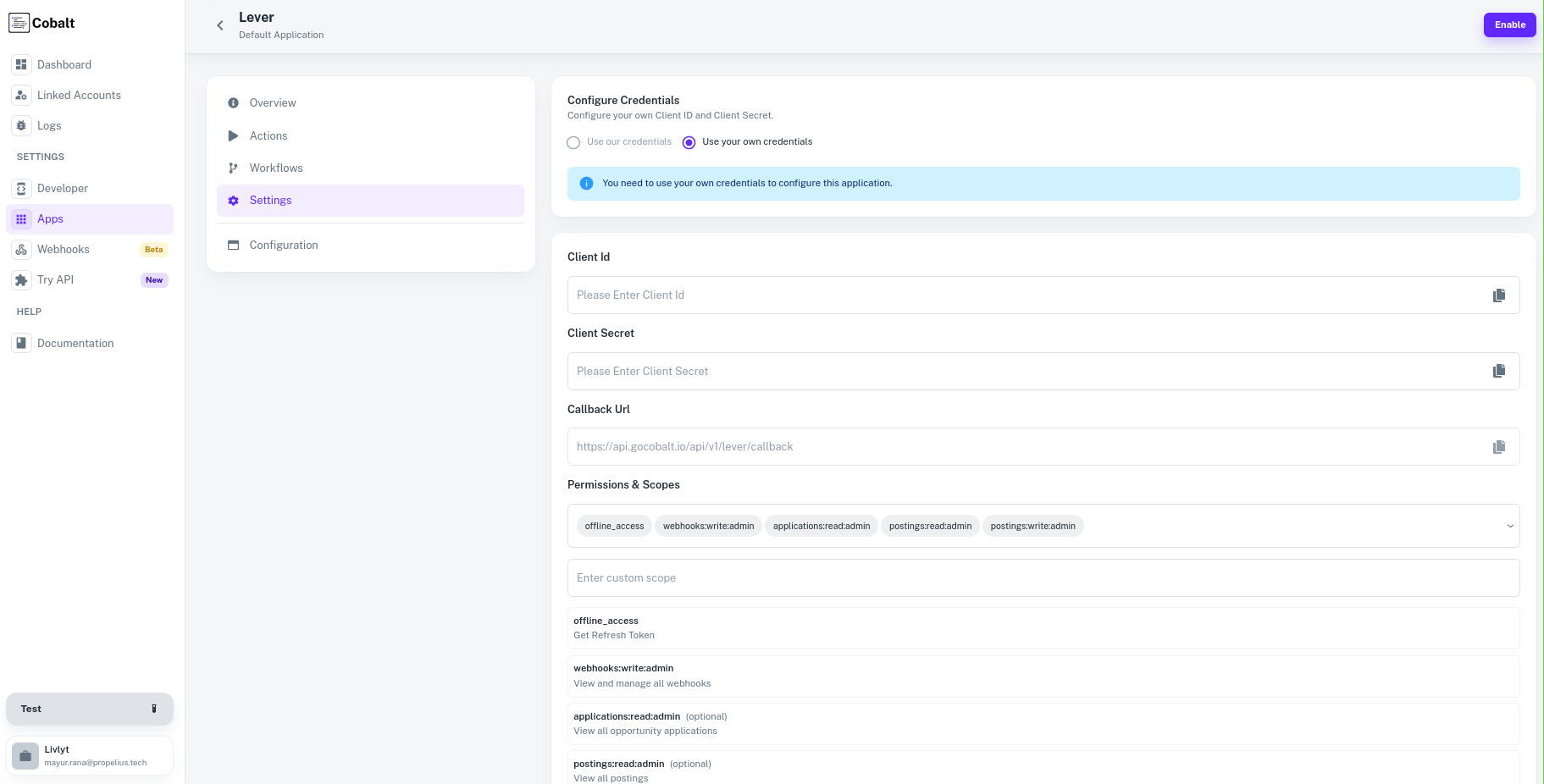 Setting up Lever application client credentials