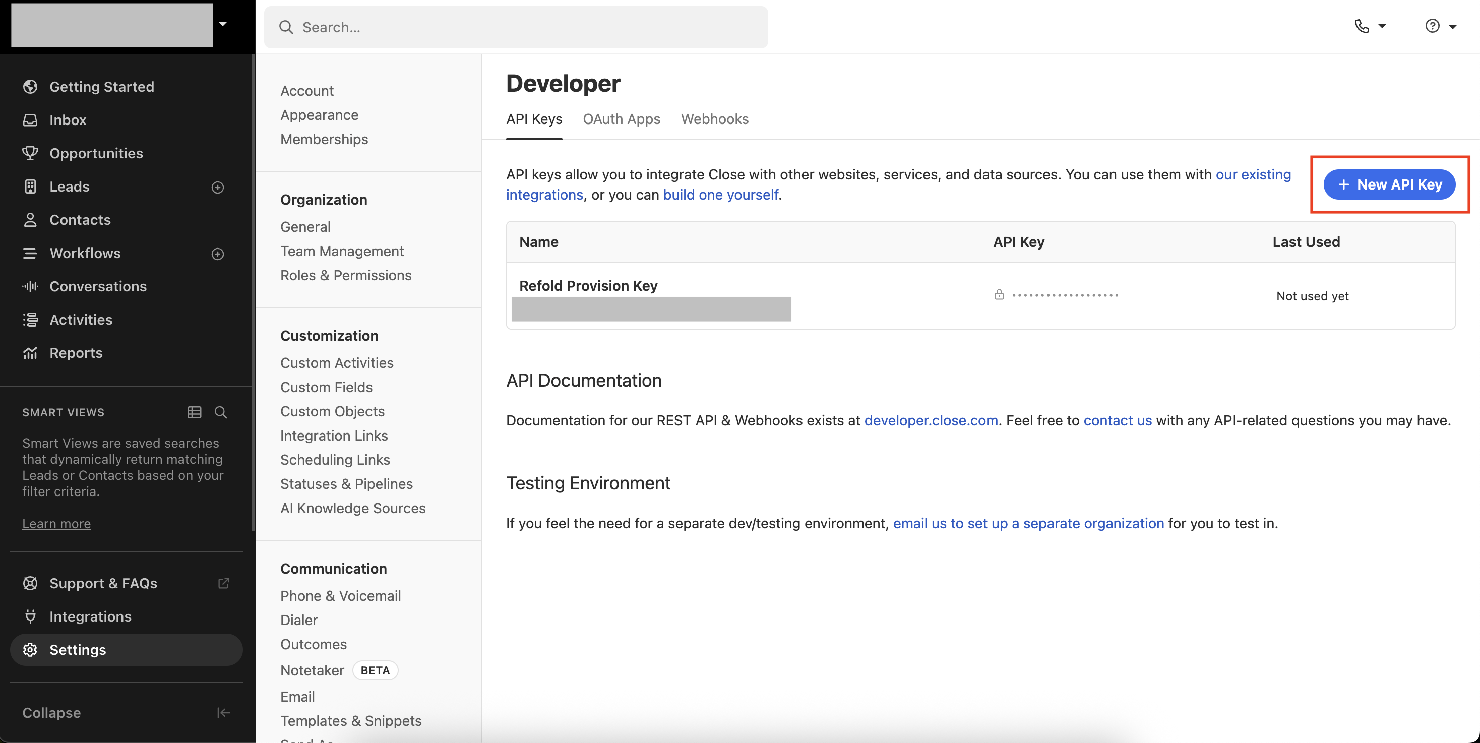 Setting up Close API Key