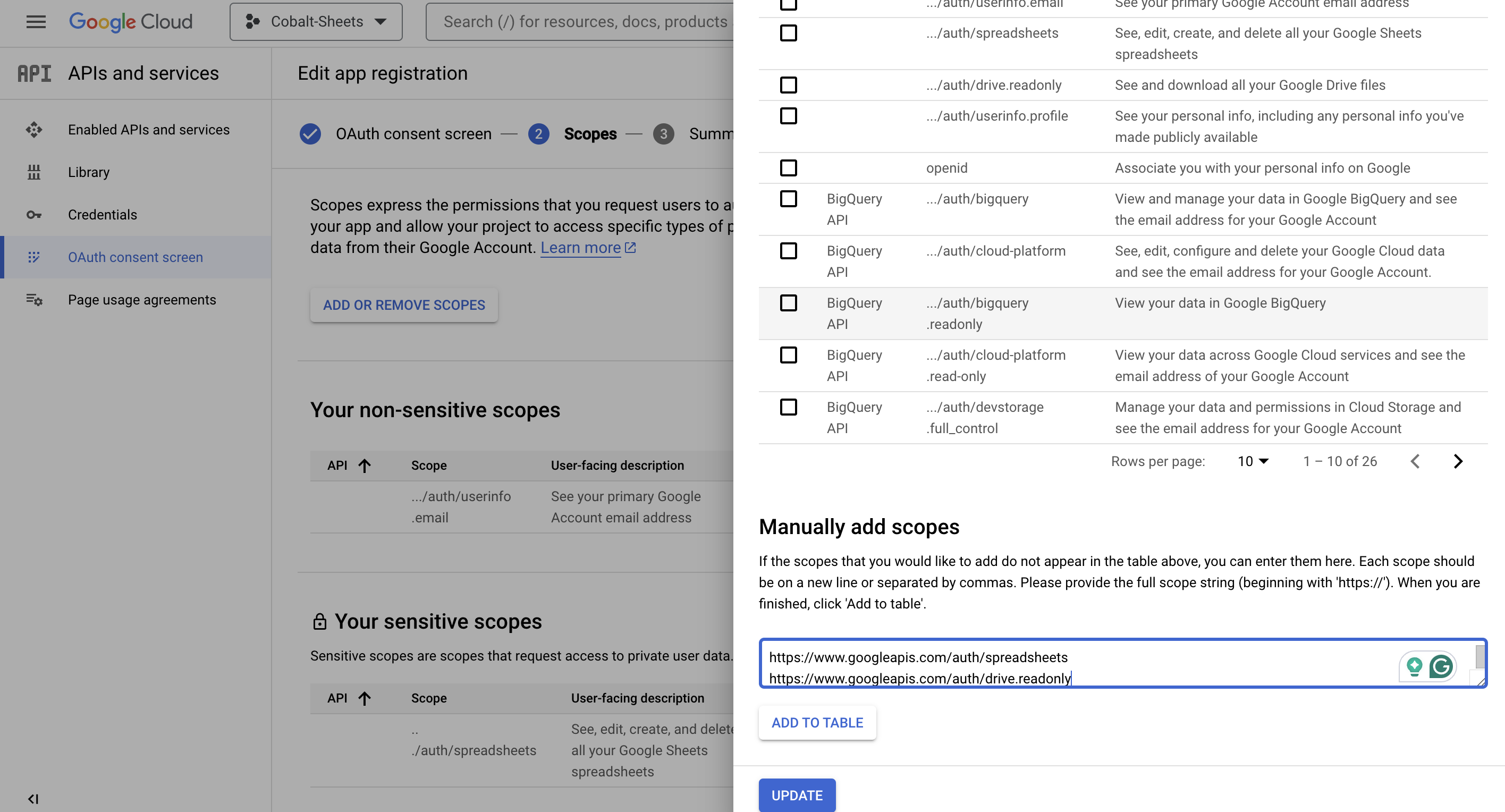 Scopes Selection in Google Sheets App