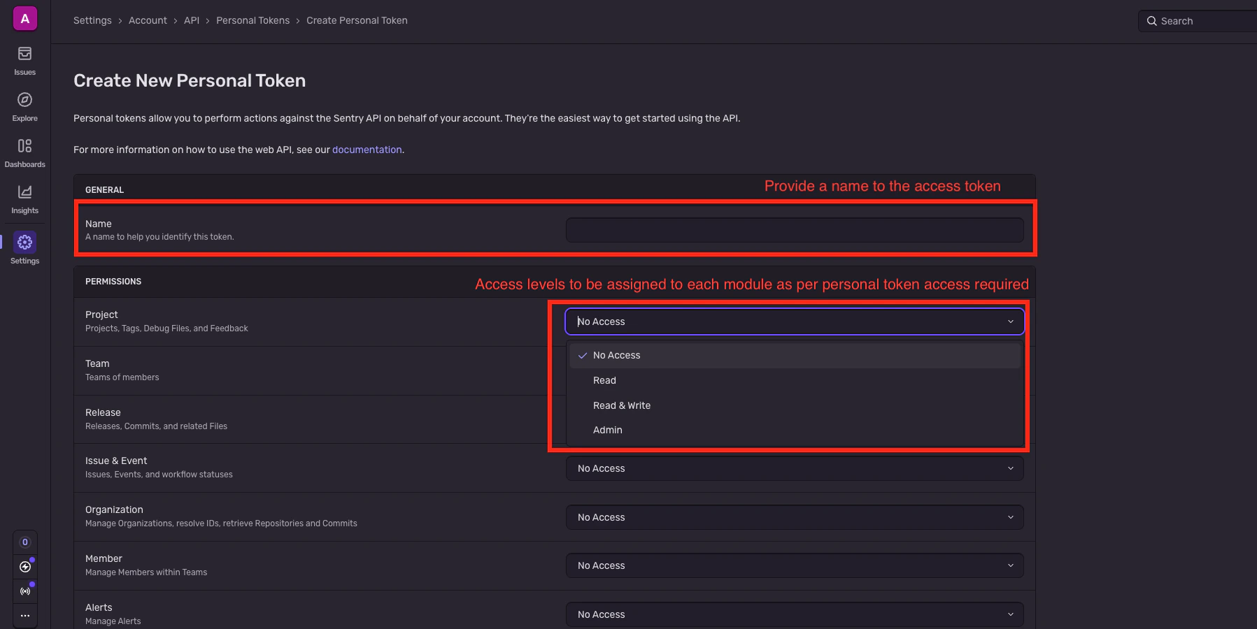 Create New Personal Token form with permission dropdowns