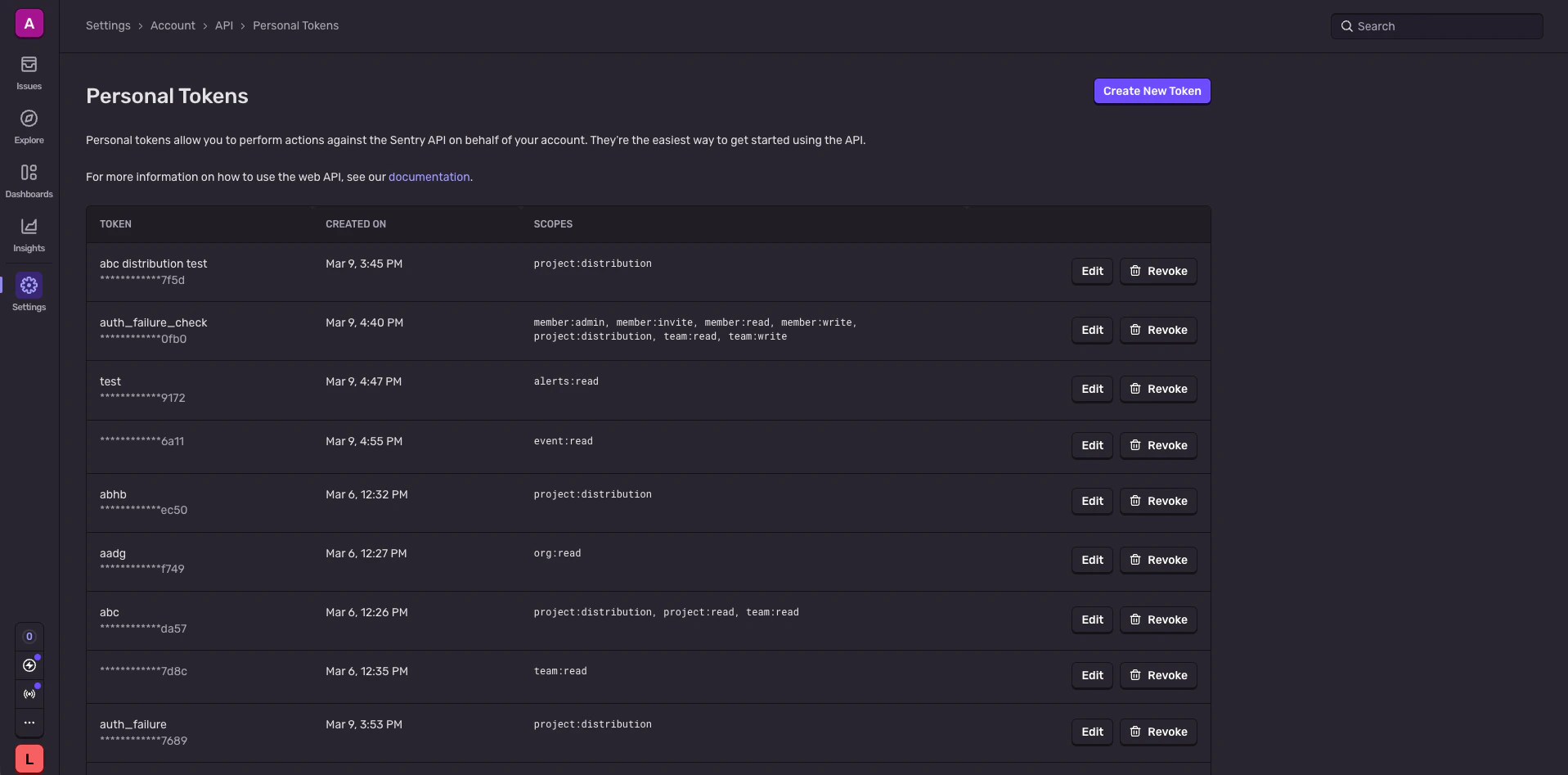Personal Tokens list page