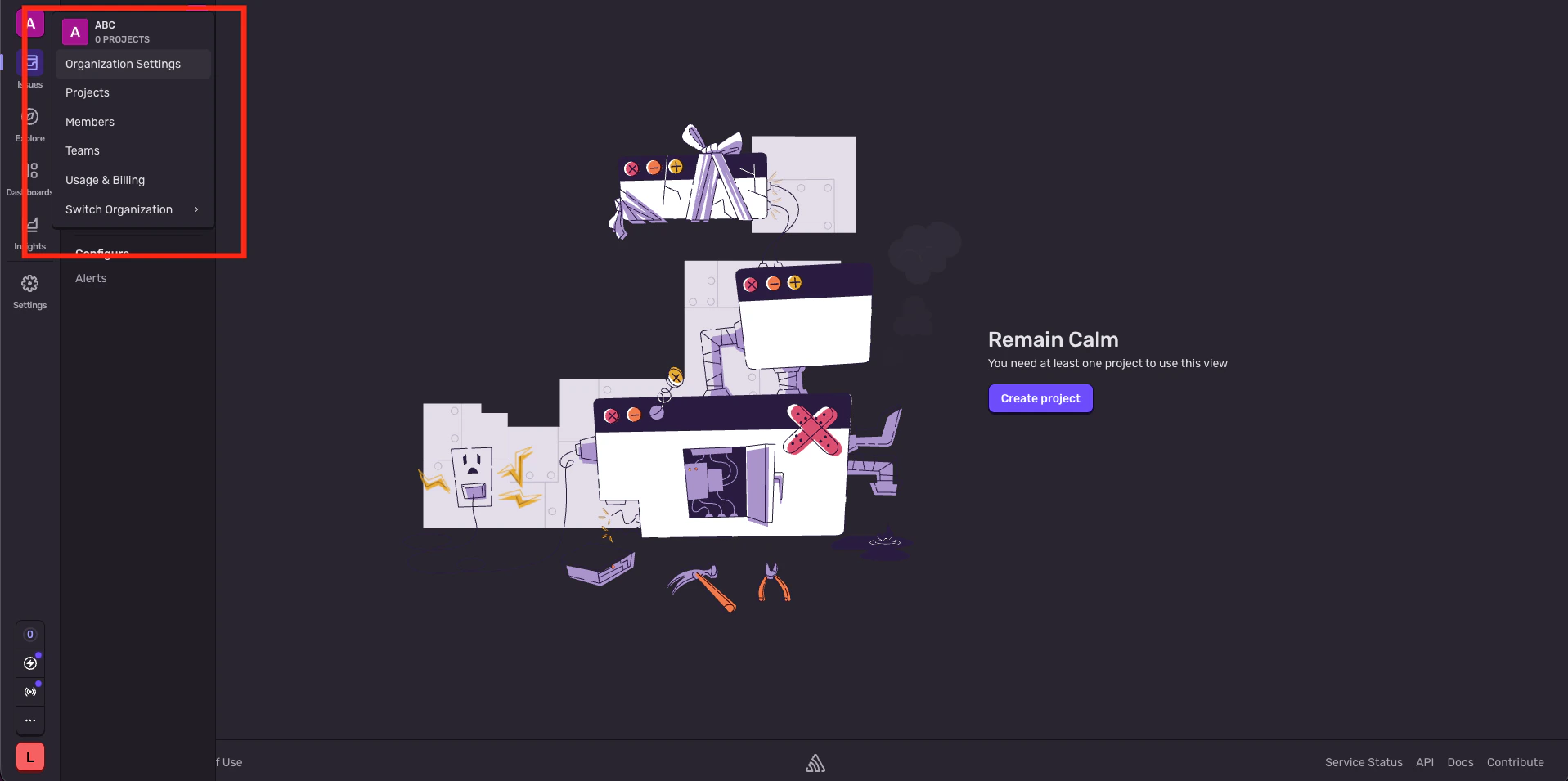Sentry organization menu