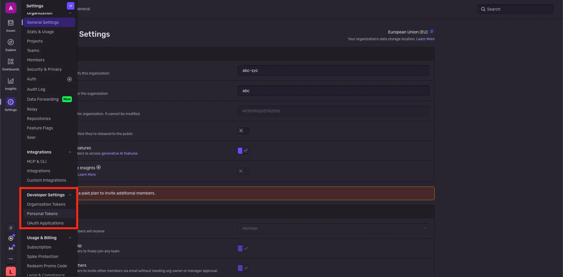 Developer Settings section in Sentry sidebar