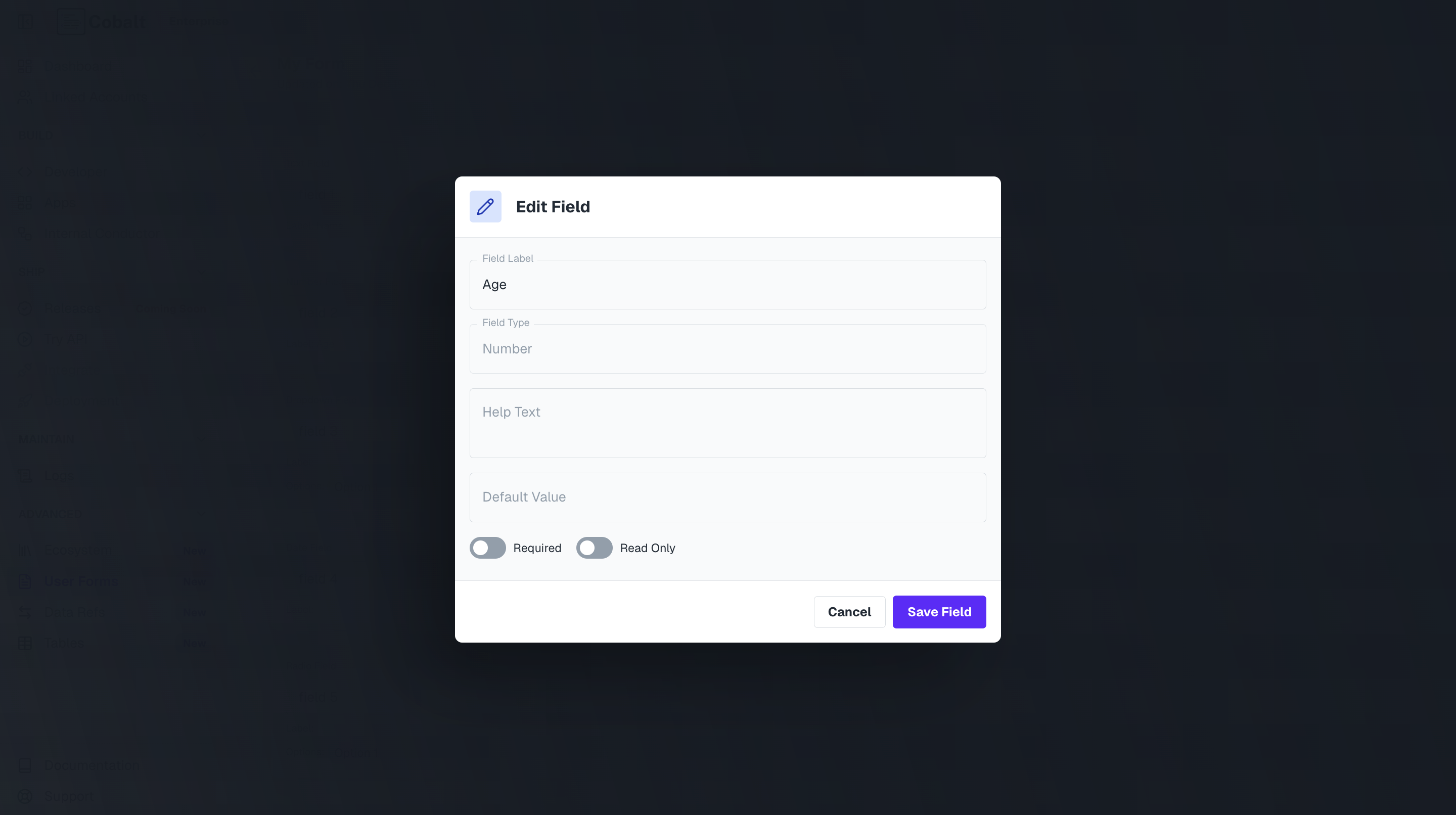 Create User forms fields in Cobalt
