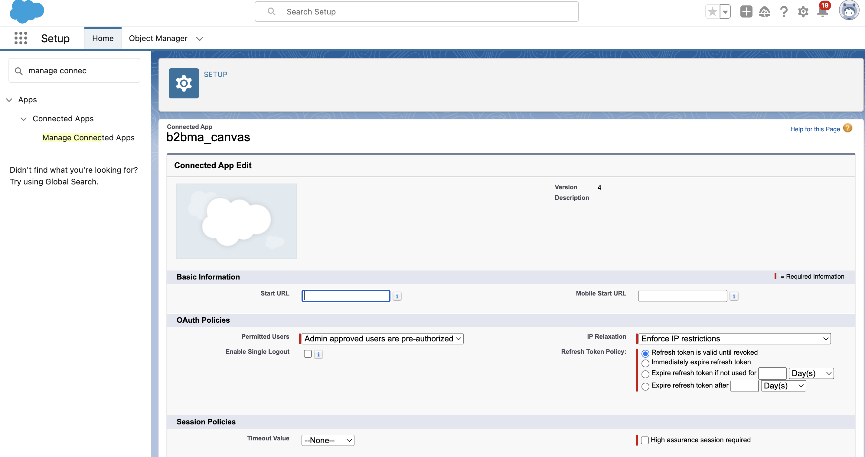 Pardot managed connected App settings in b2bma_canvas