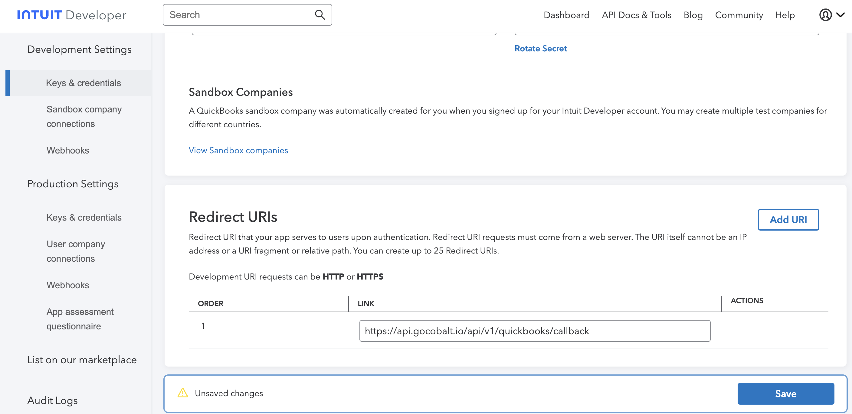 Setting up QuickBooks Developer app