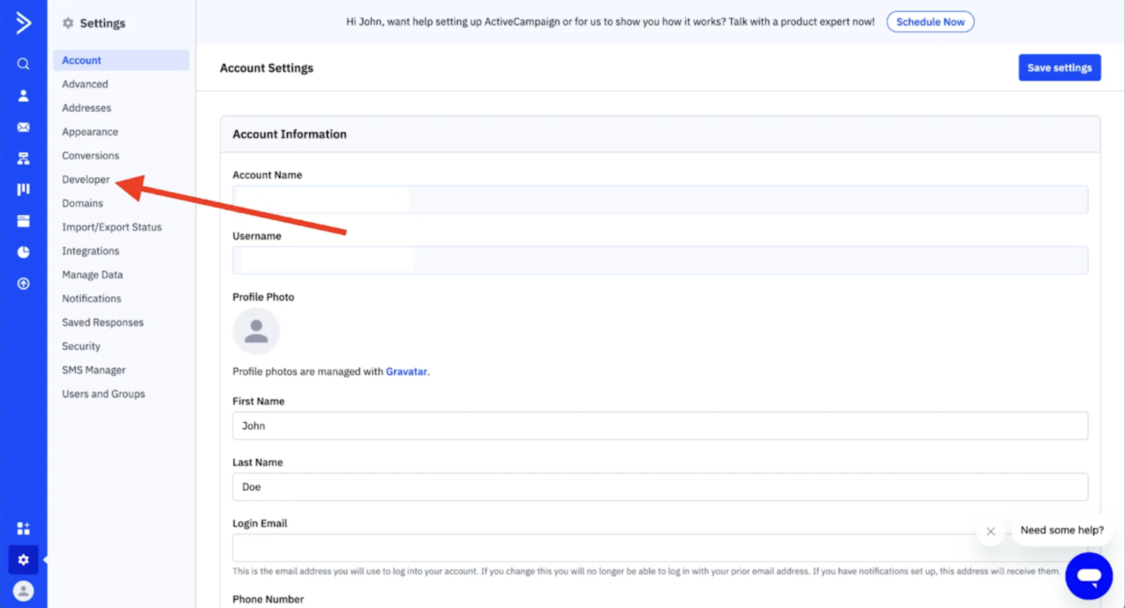 Navigation for API Key setup
