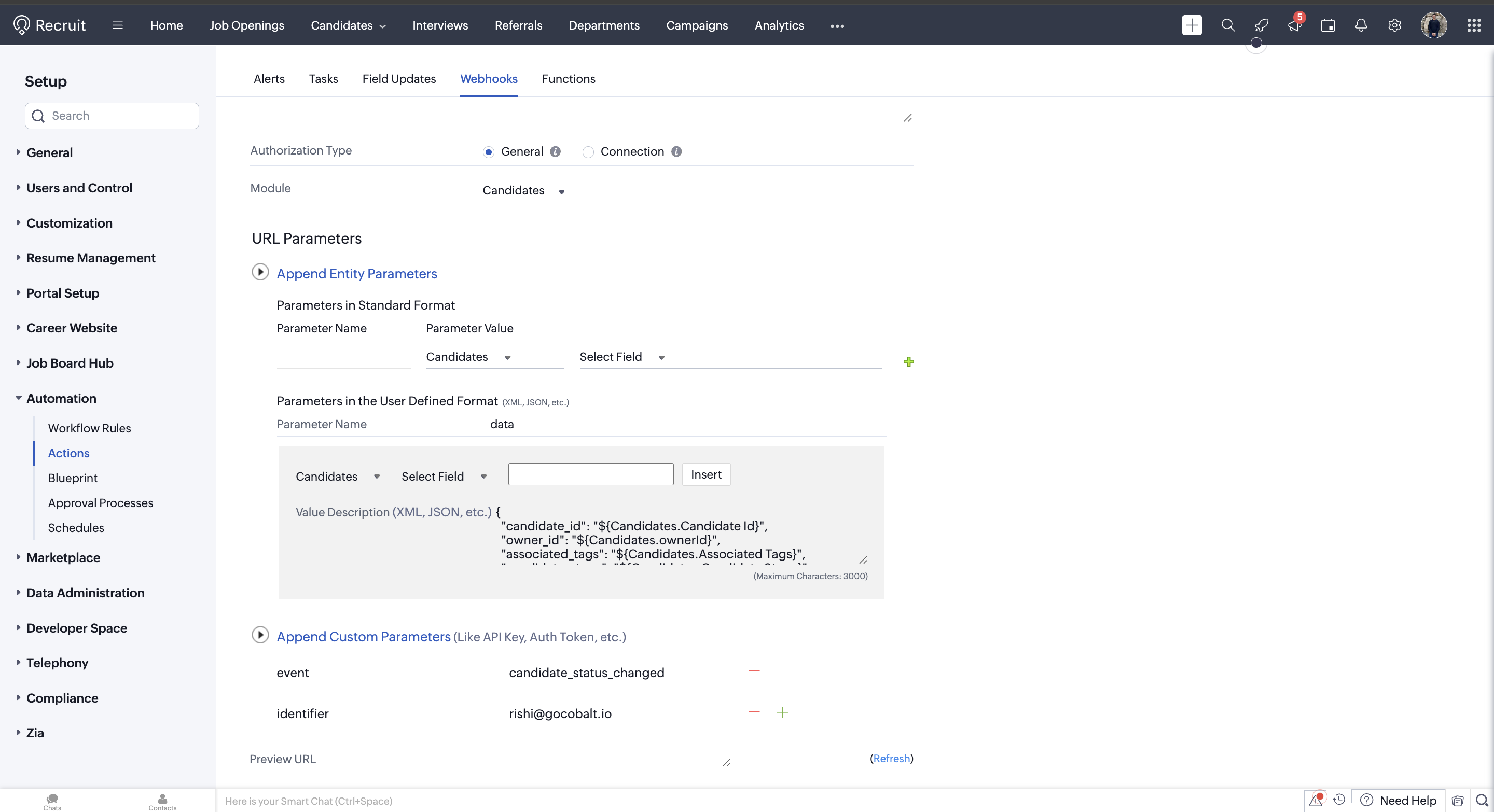 Set up Zoho Recruit Action