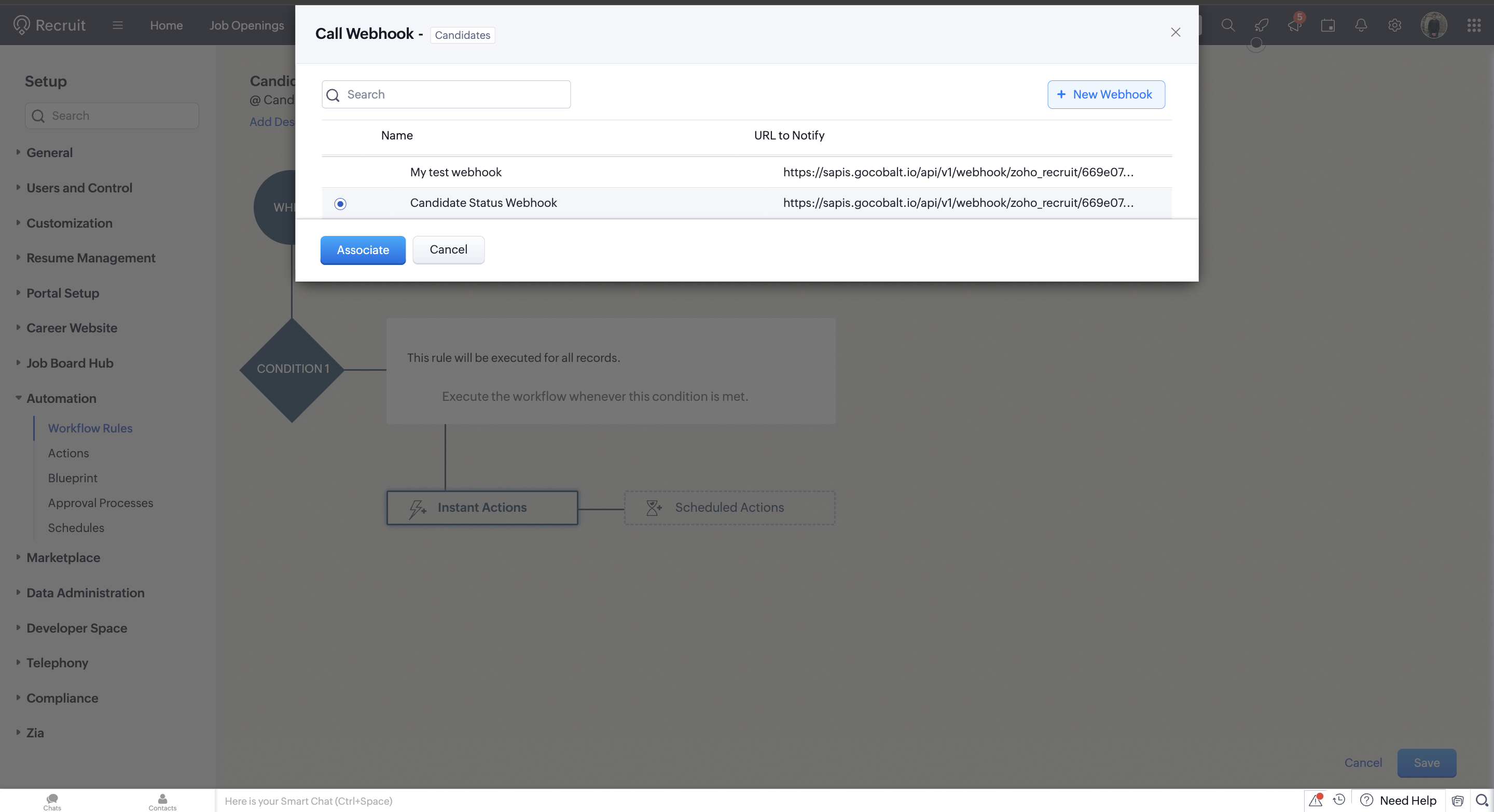 Set up Zoho Recruit Rule with webhook