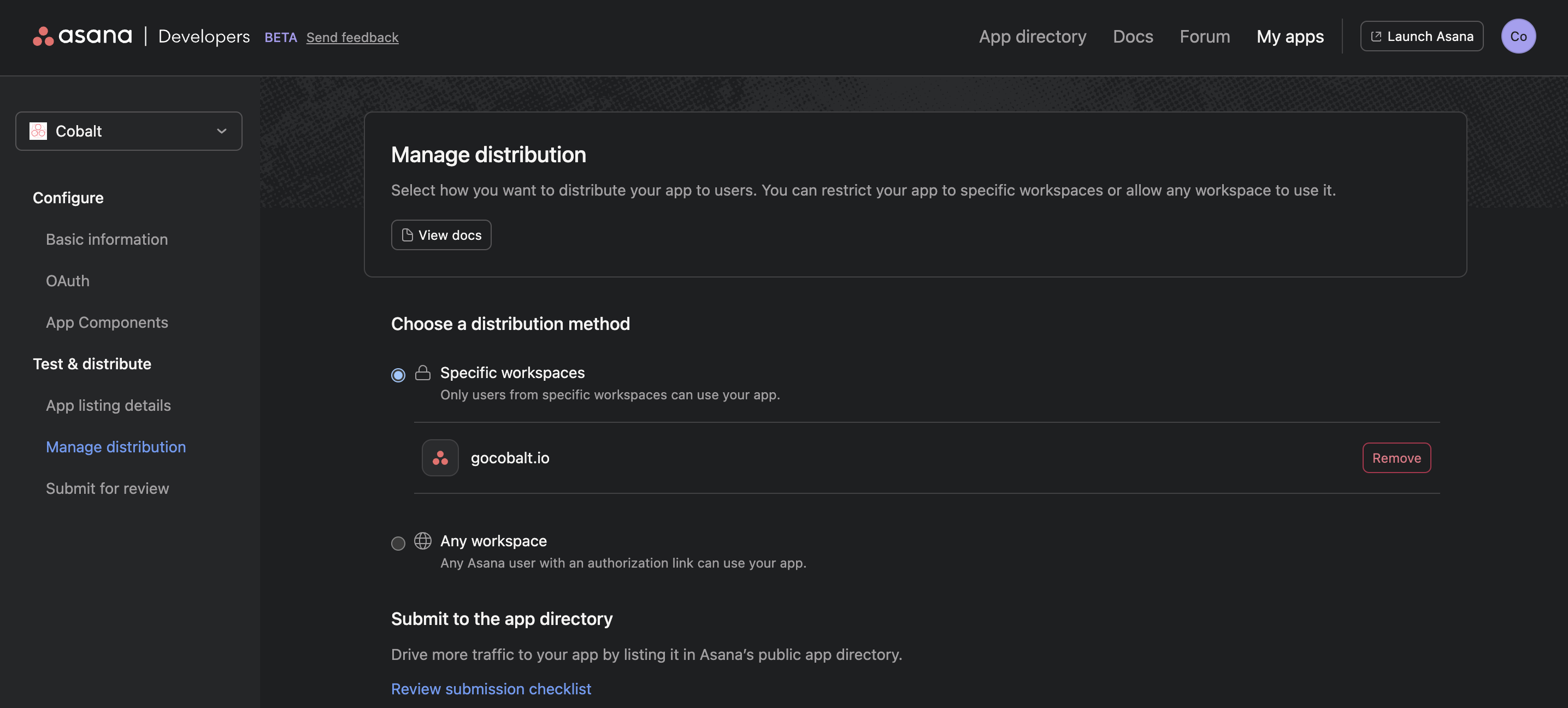 Setting up Asana Developer app