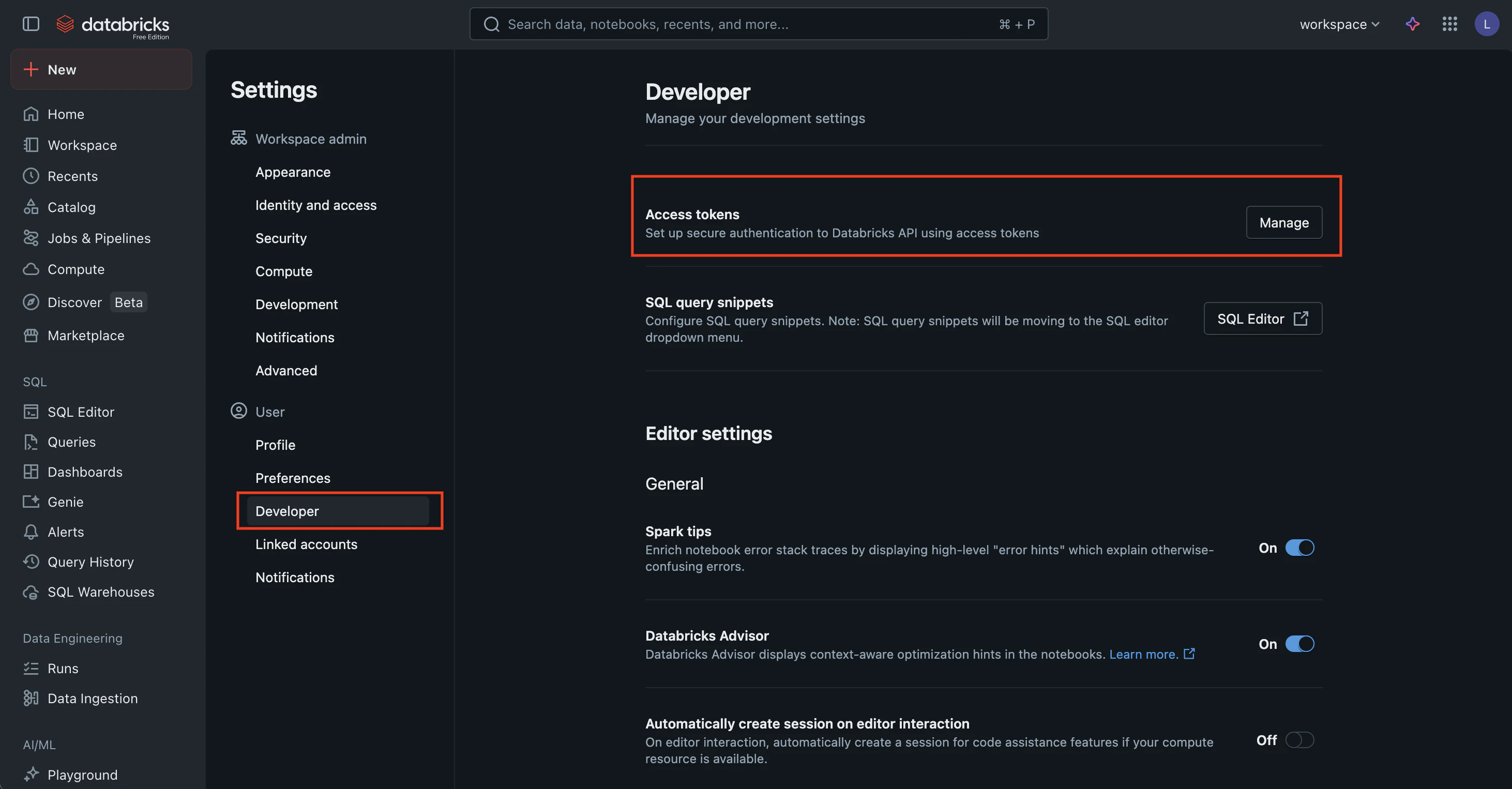 Navigation for Personal Access Token