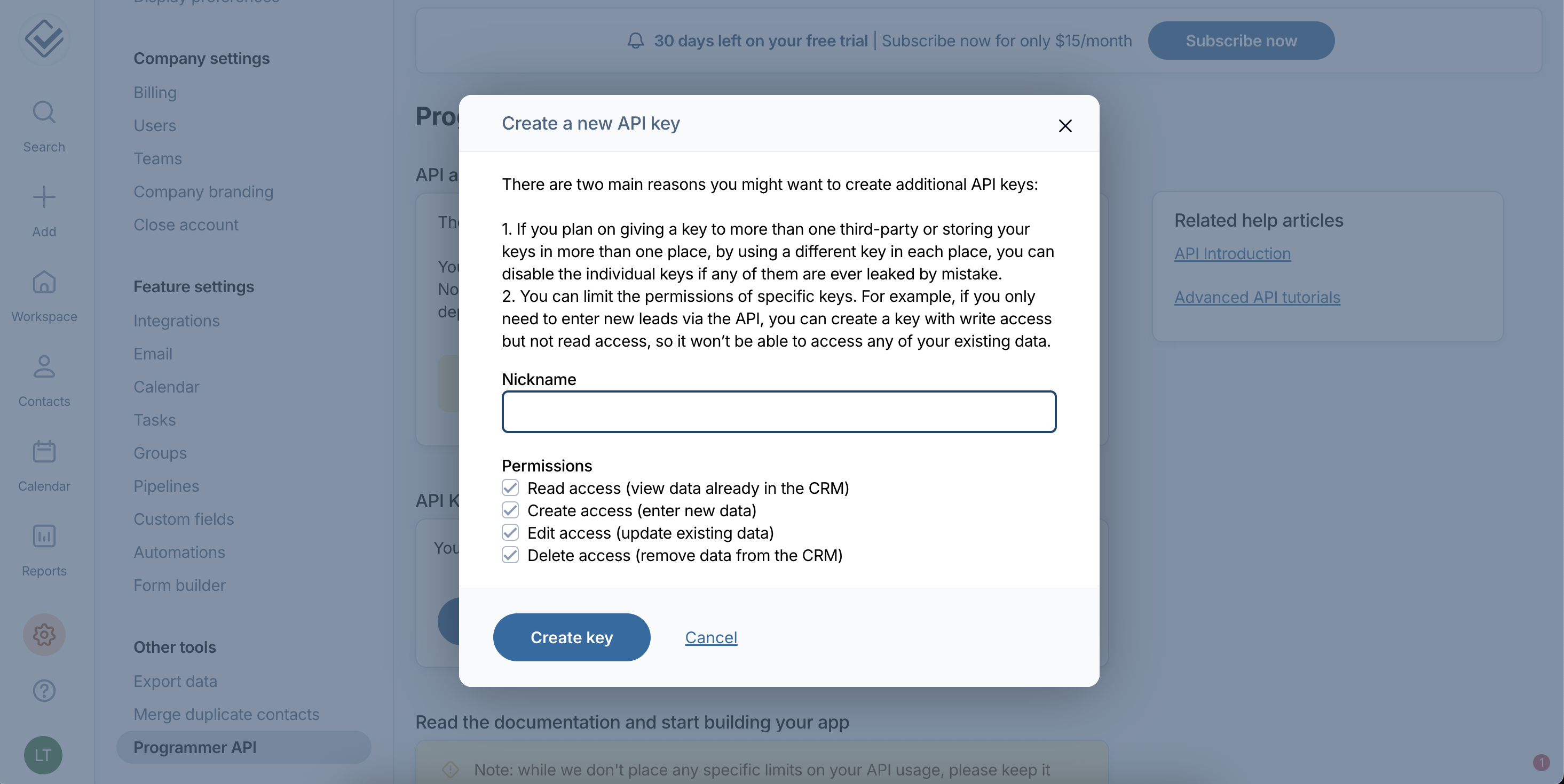 Setting up Less Annoying CRM API Key