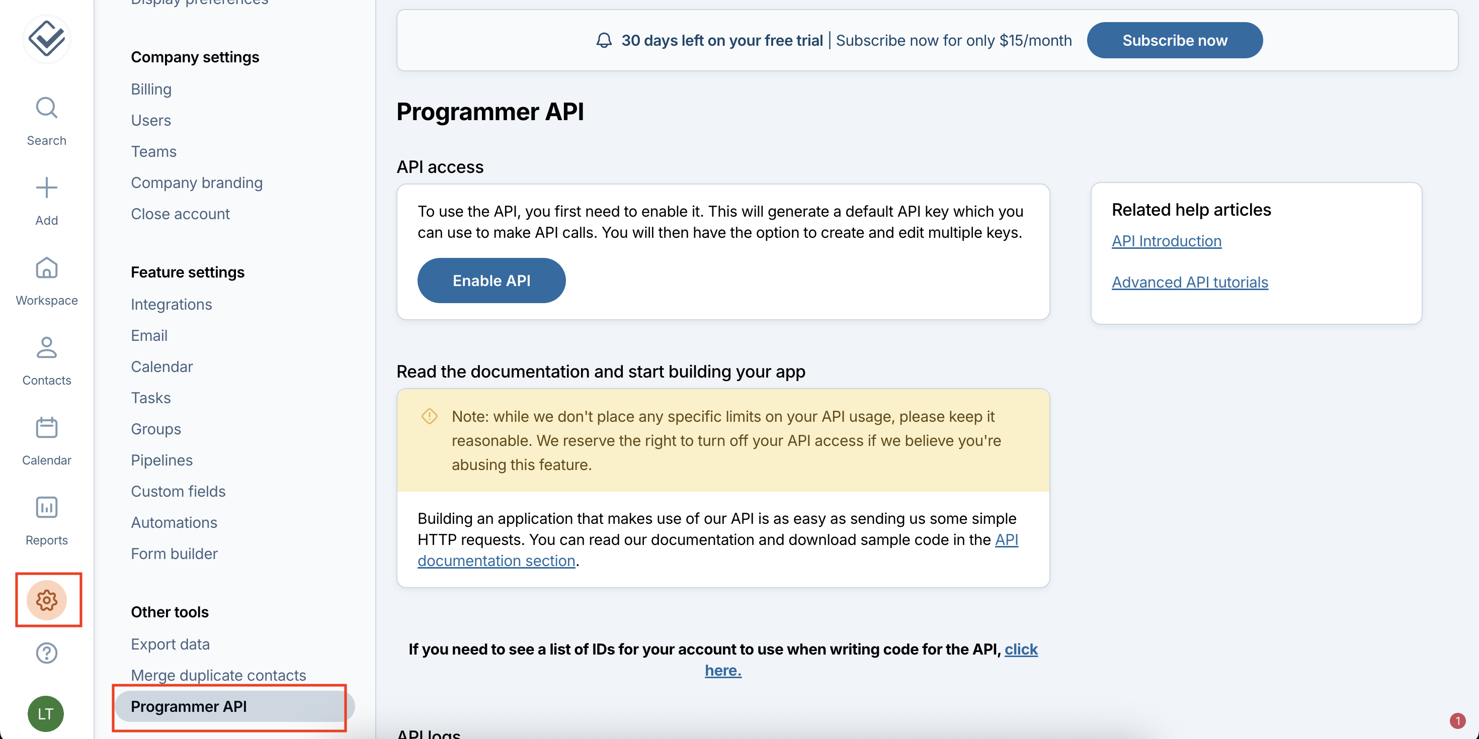 Navigation for API Key setup
