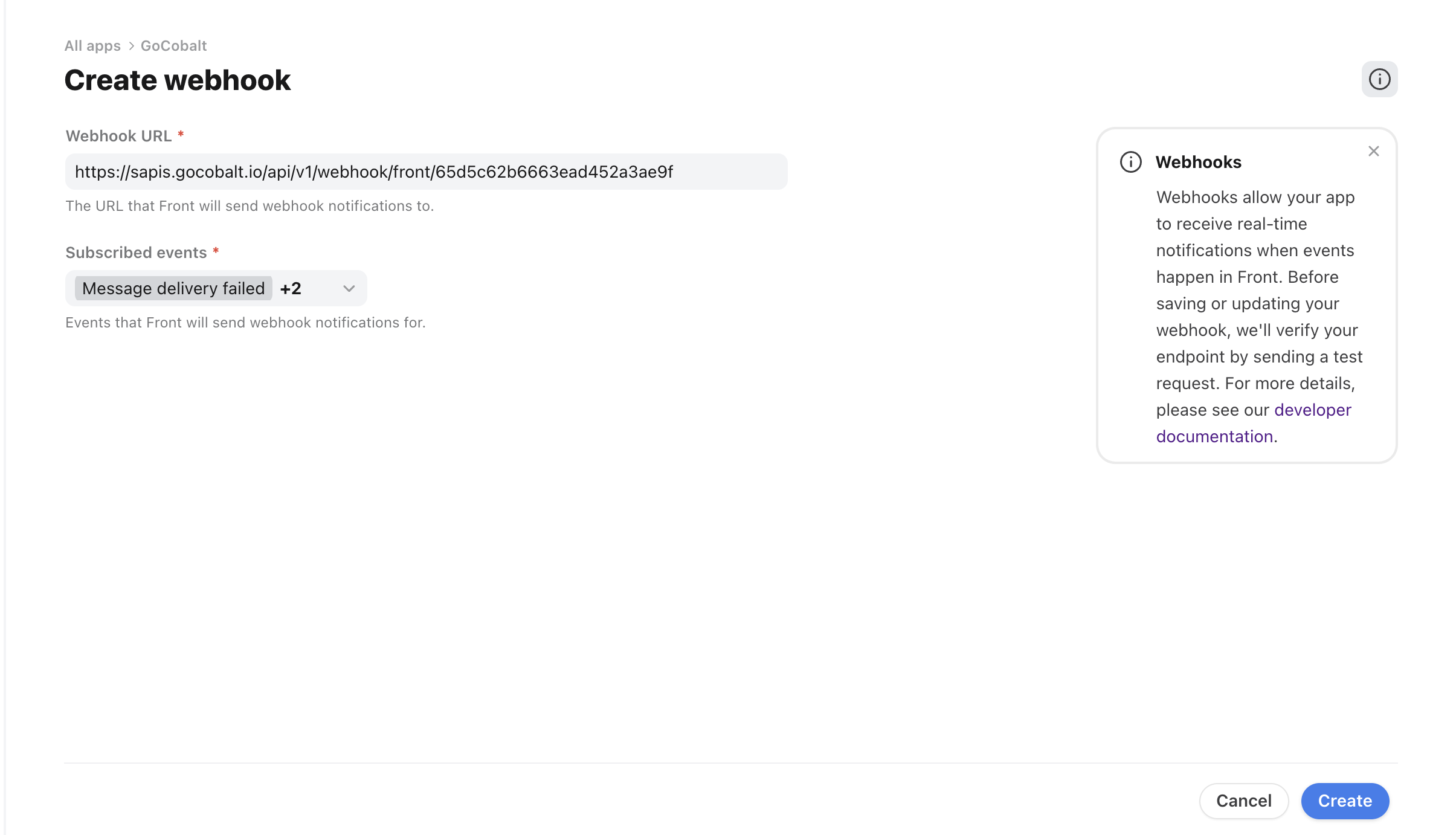 Setting up Front Single Webhook URL