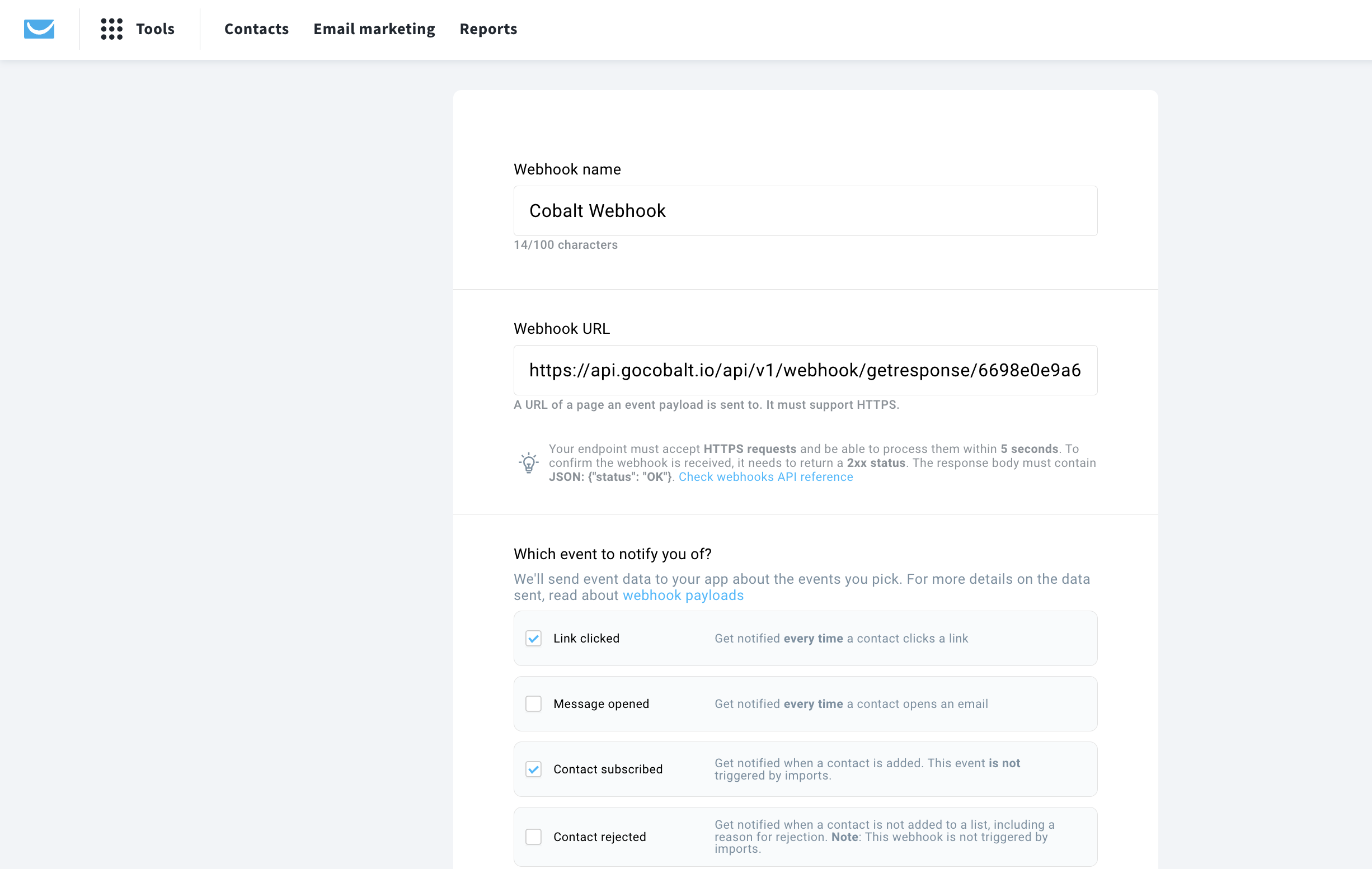 Setting up GetResponse Single Webhook URL