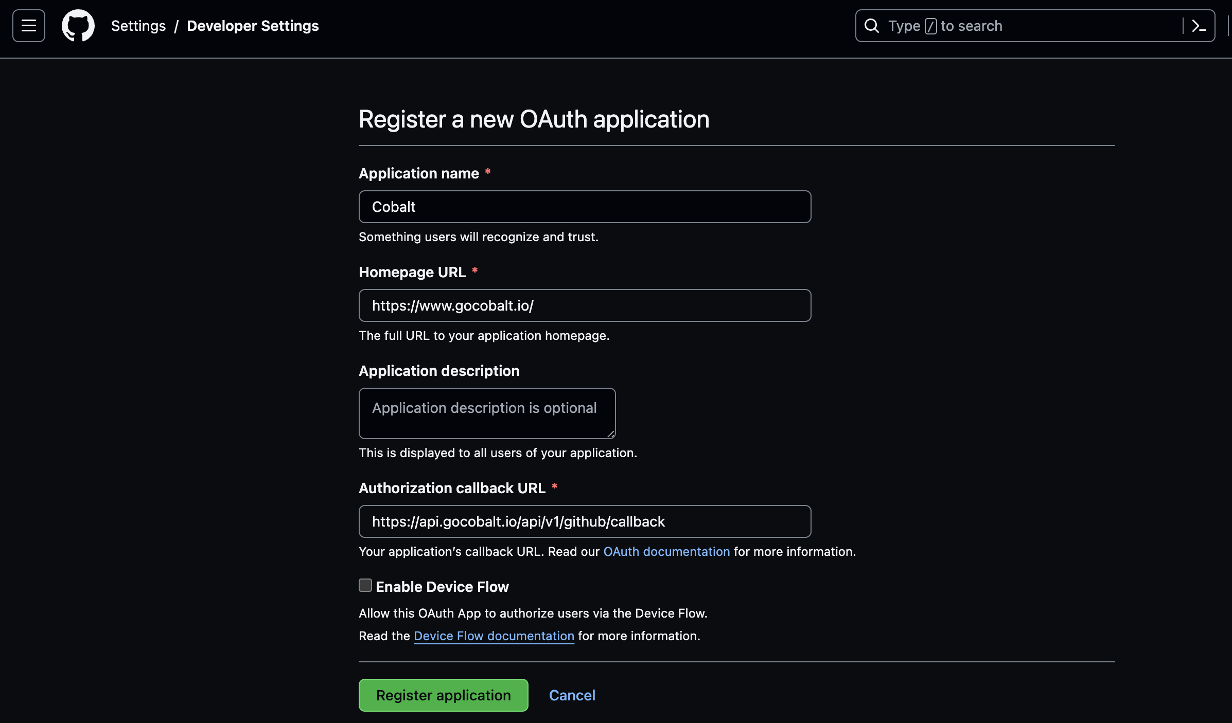 Setting up GitHub Developer app