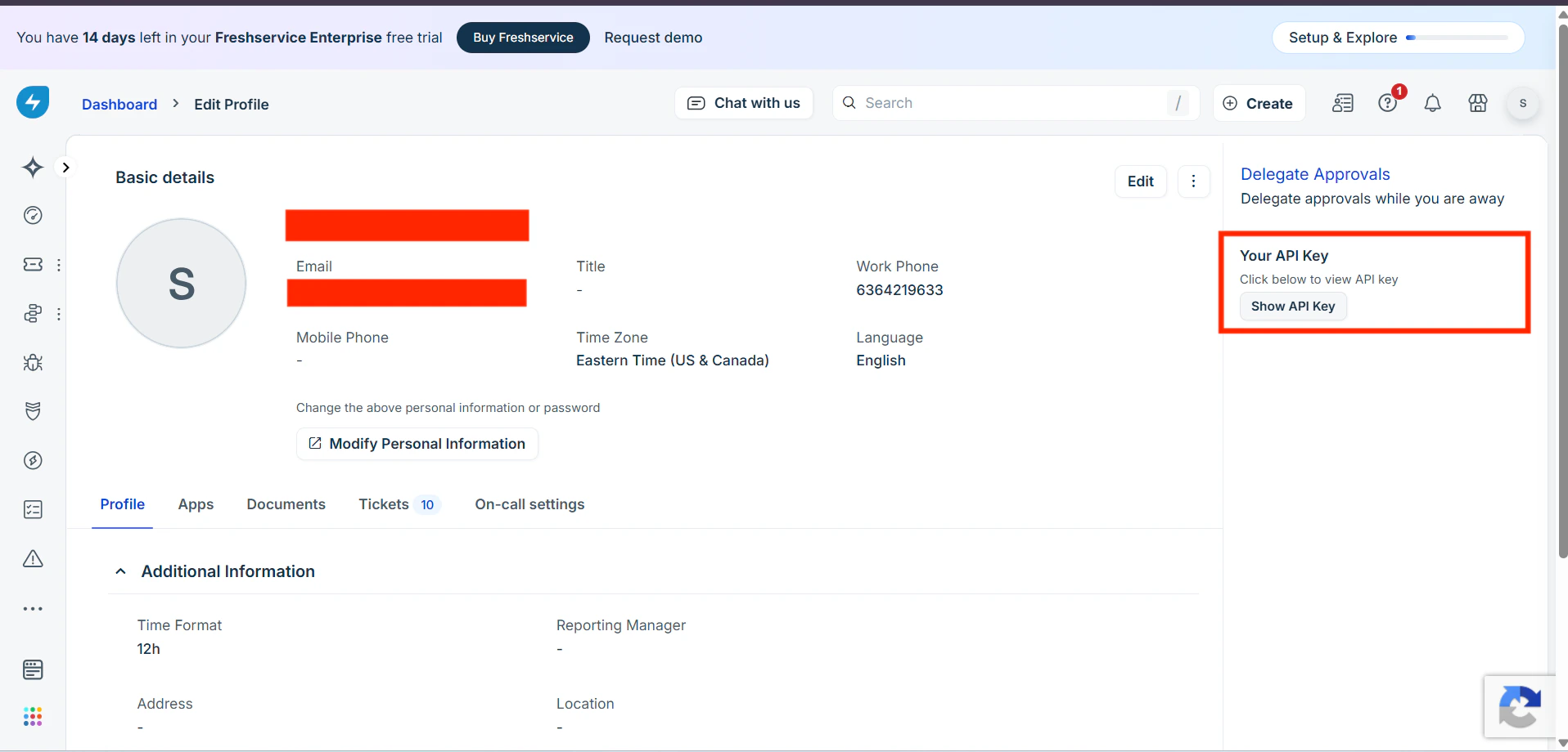 API Key displayed in Freshservice Profile Settings