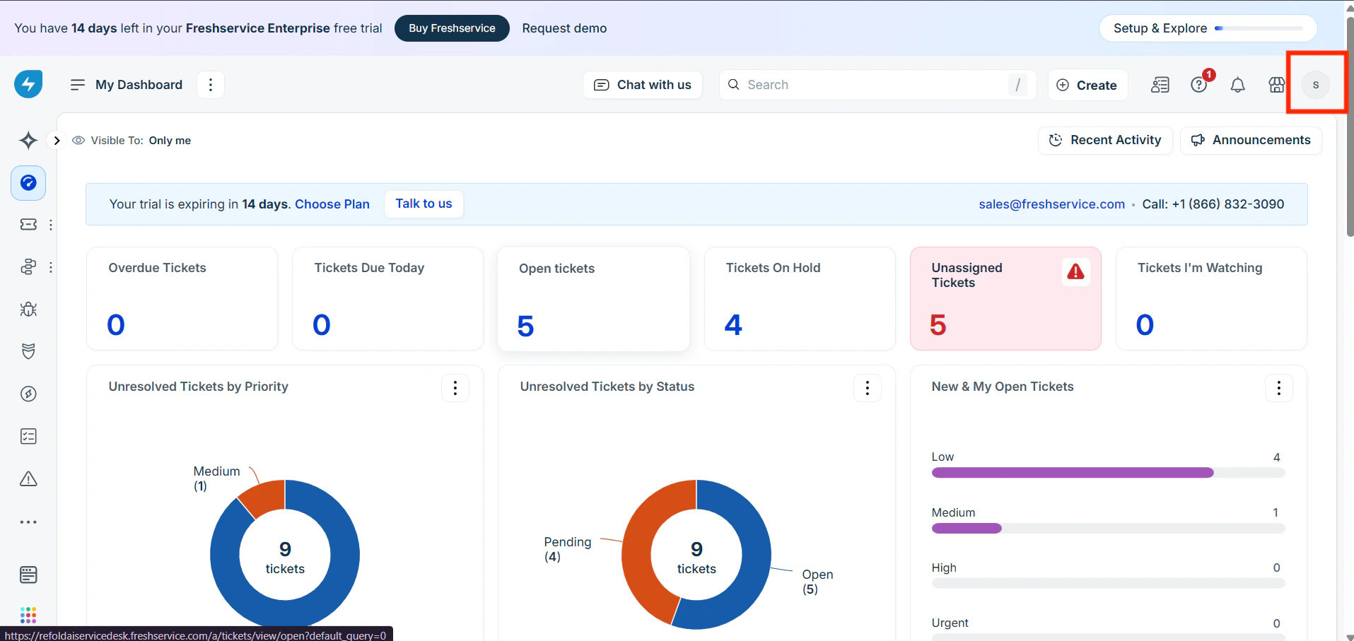 Freshservice dashboard showing profile picture location