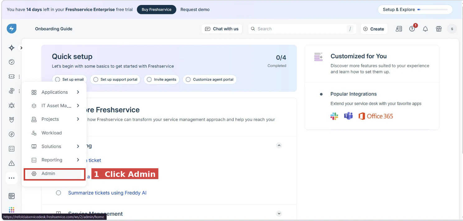 Open the Admin menu in Freshservice