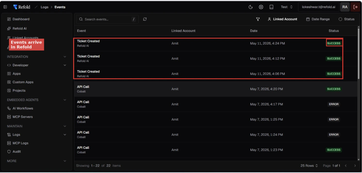 Ticket Created events arriving in Refold's Events log with SUCCESS status
