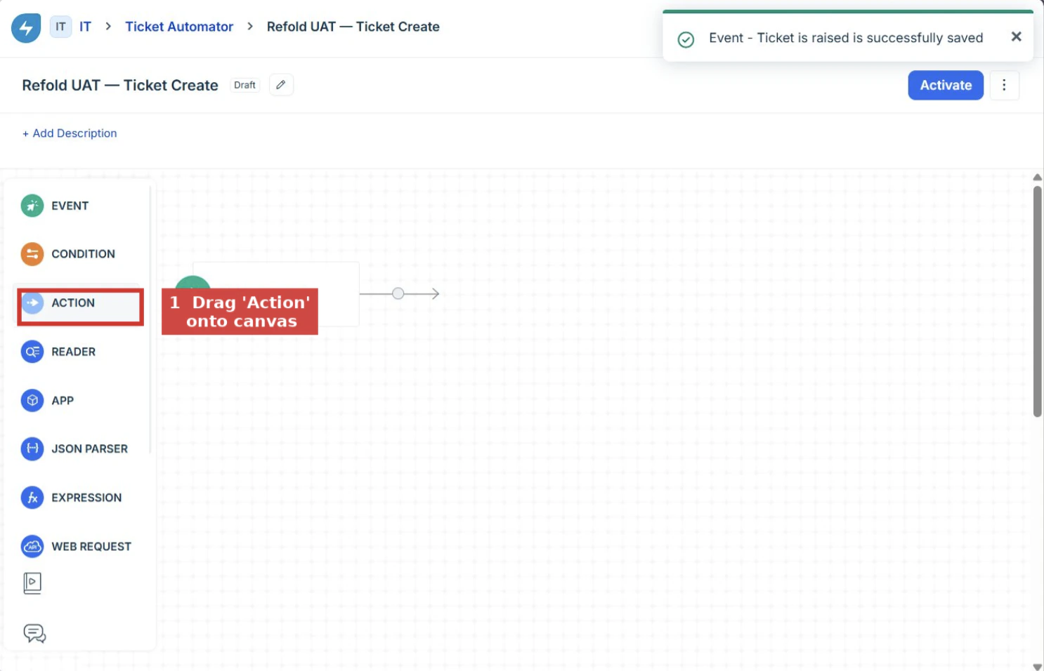 Drag the Action node onto the canvas and select Trigger Webhook