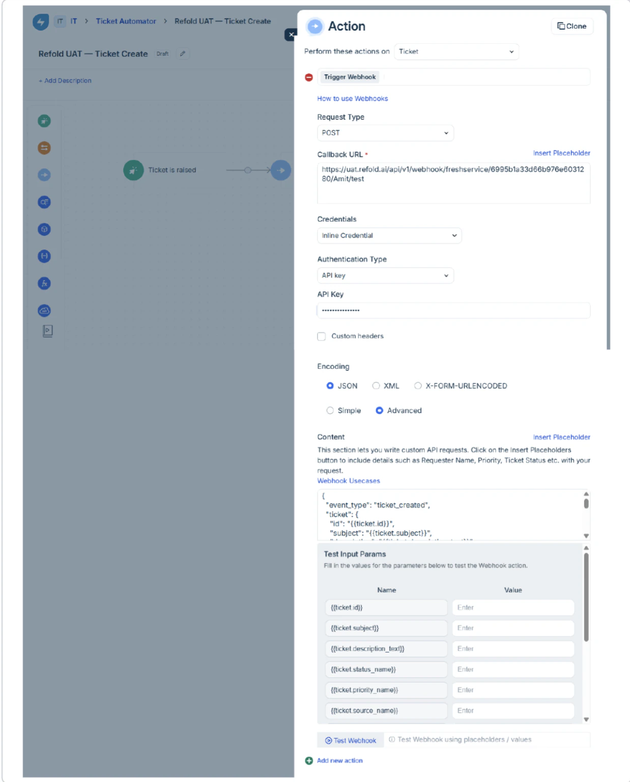 Webhook configuration panel with URL, encoding, and JSON body filled in