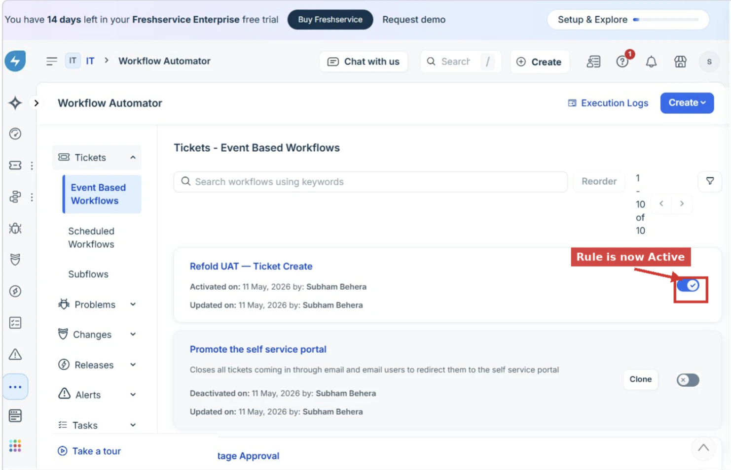 Rule shown as Active in the Workflow Automator list