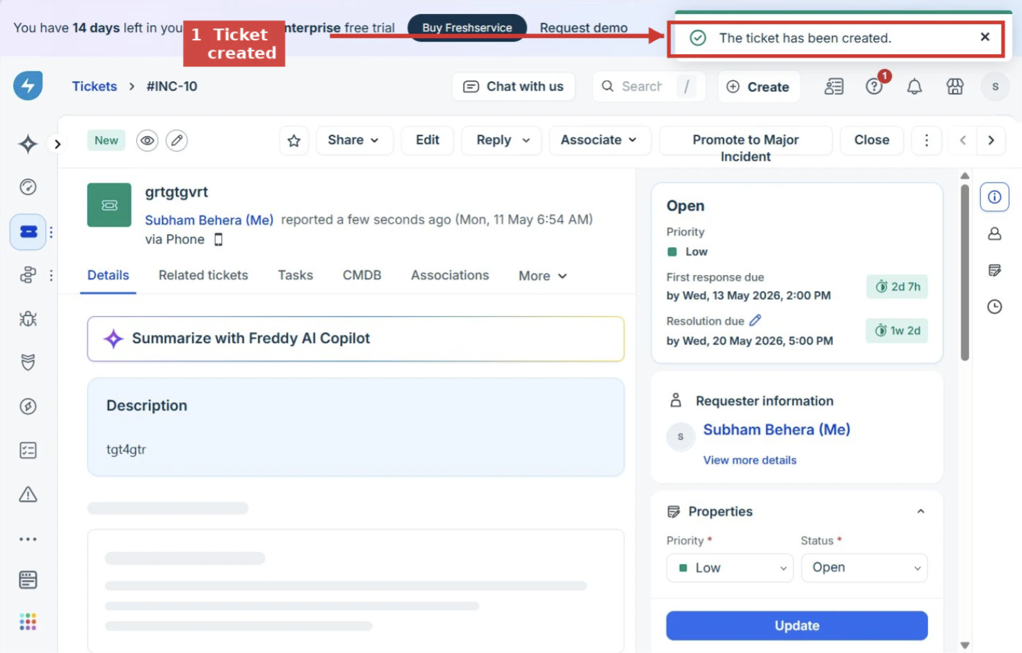 Ticket created in Freshservice