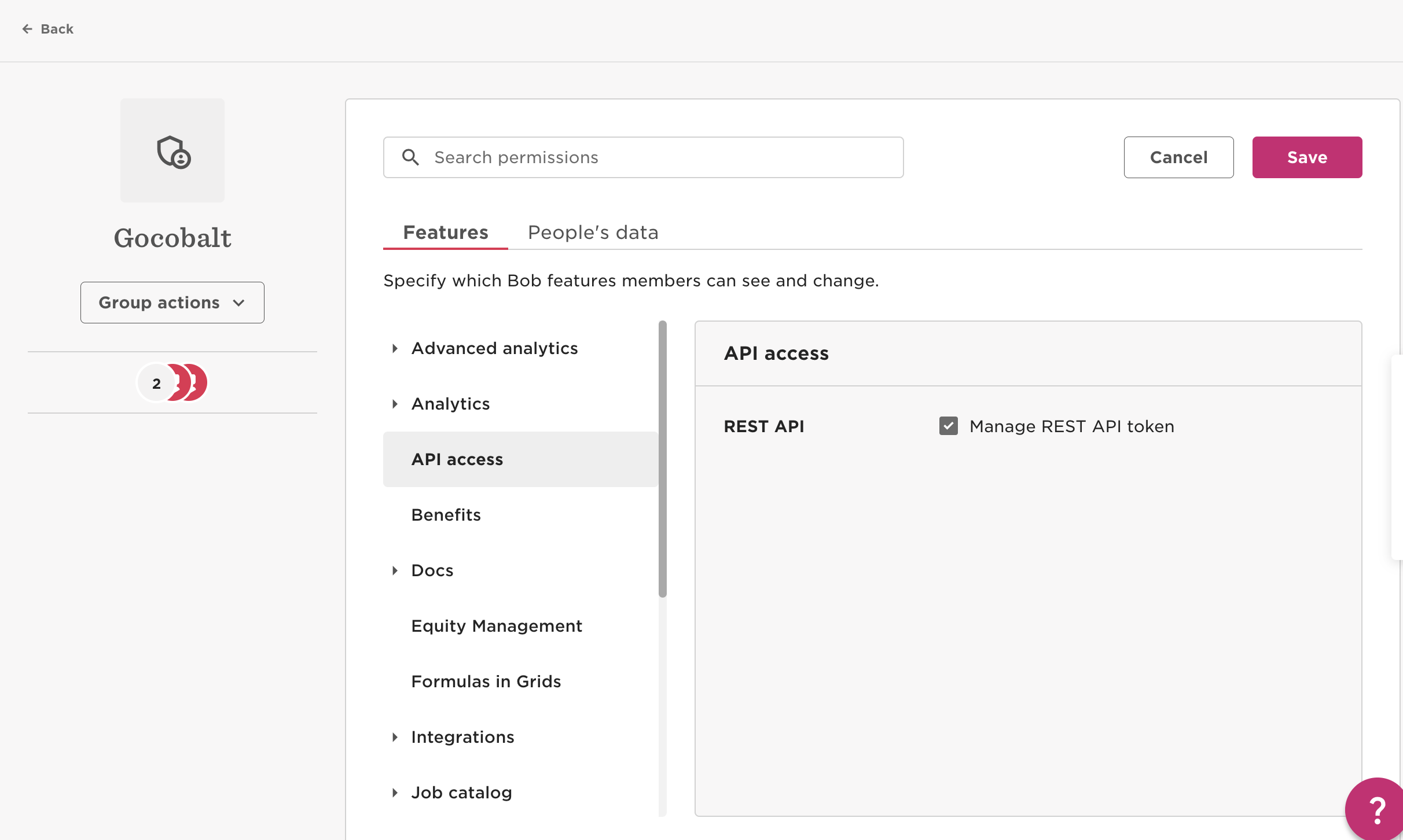 Permissions of the group