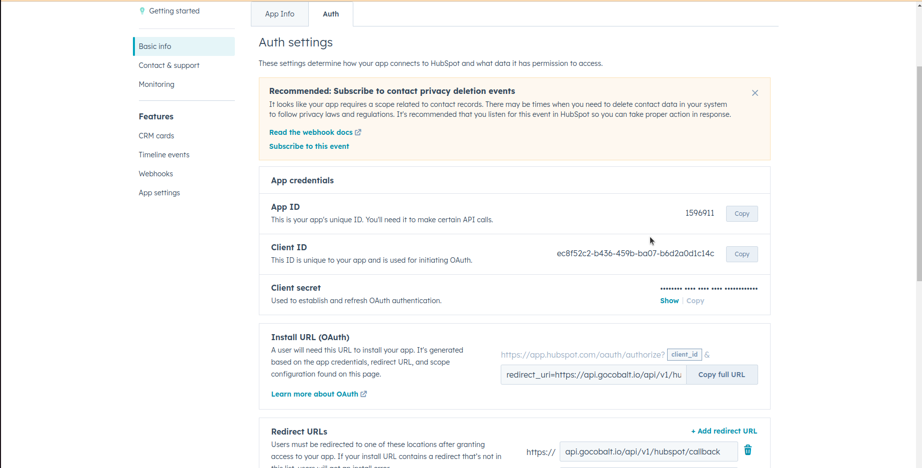 Setting up hubspot developer app