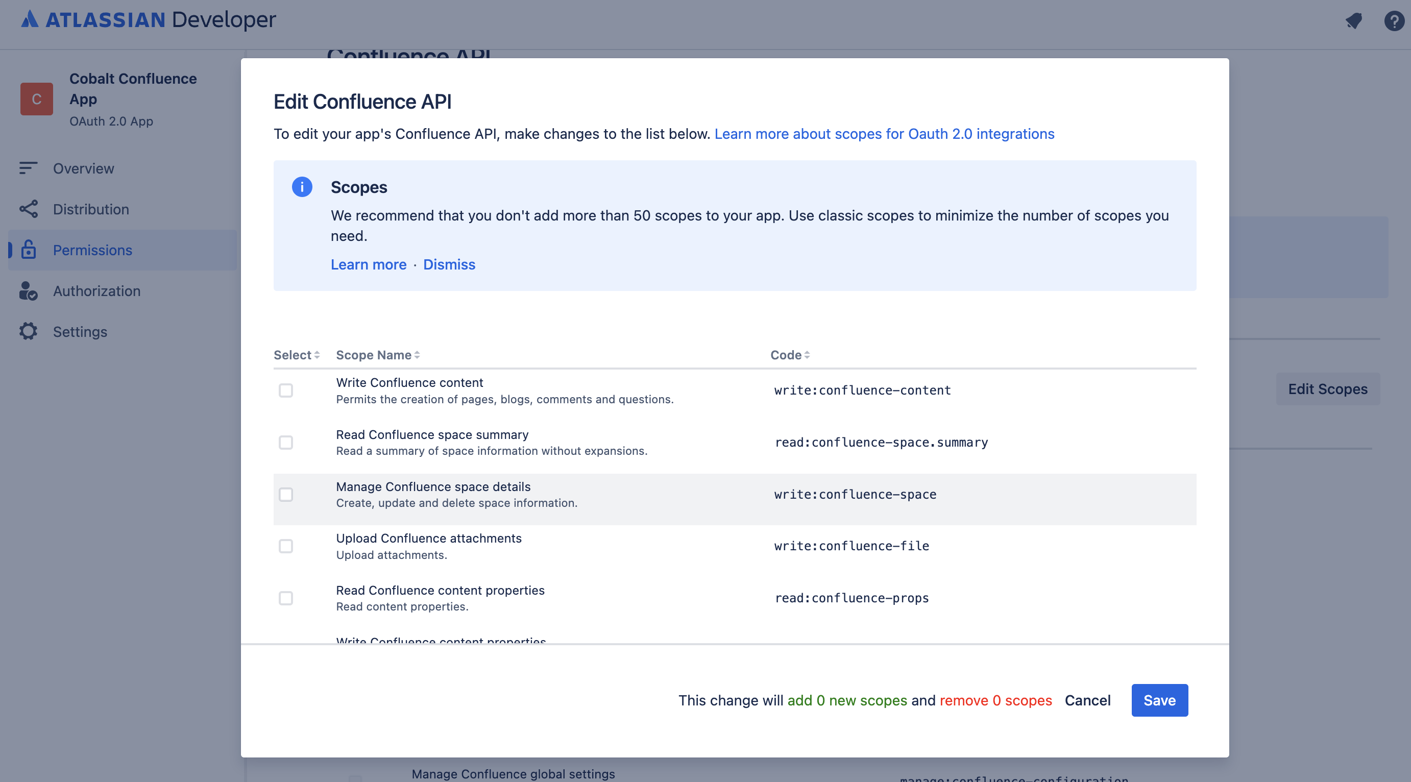 Scopes Selection in Confluence App