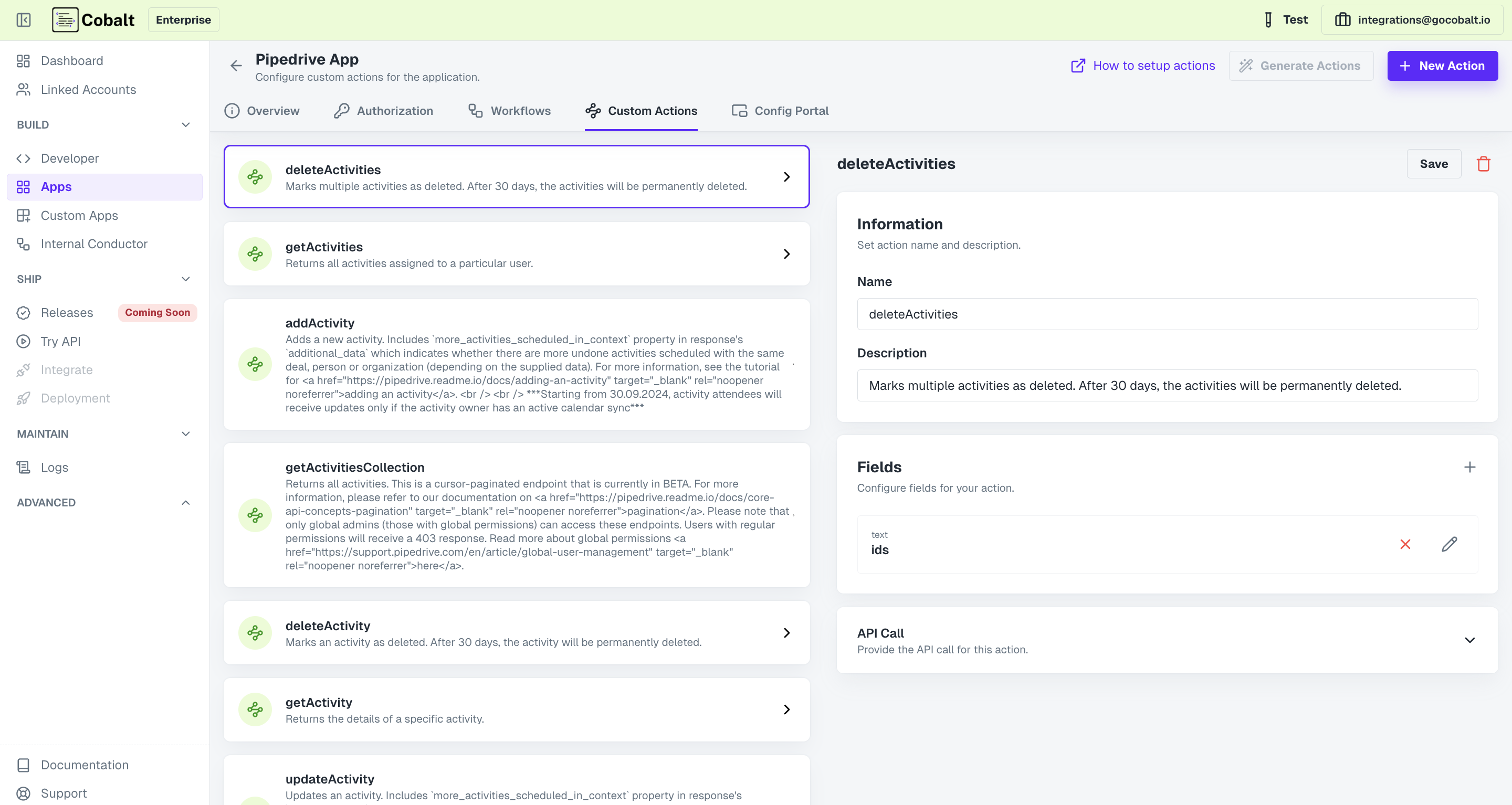 Custom Actions created in Custom App