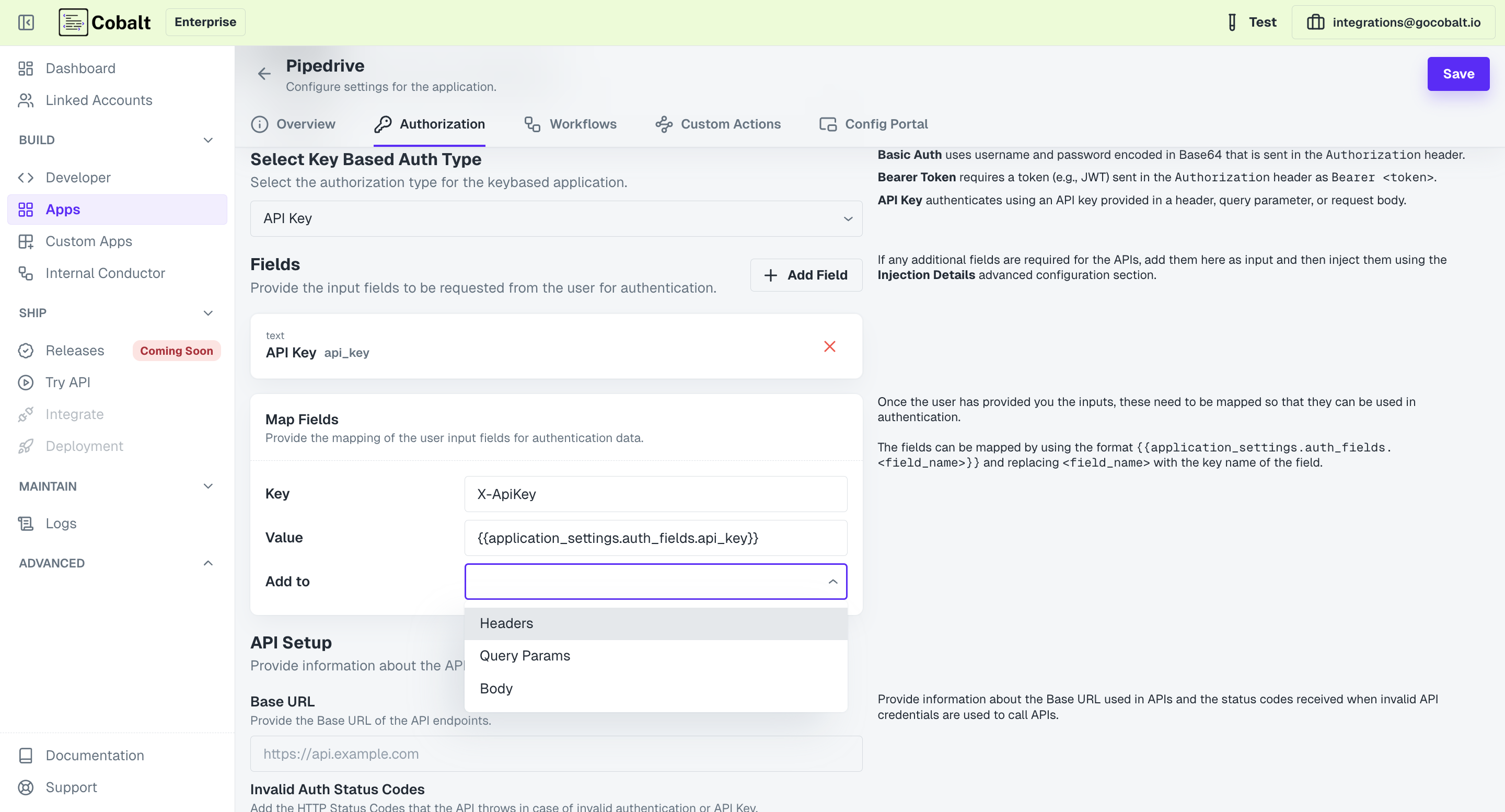 Key-based authorization setup