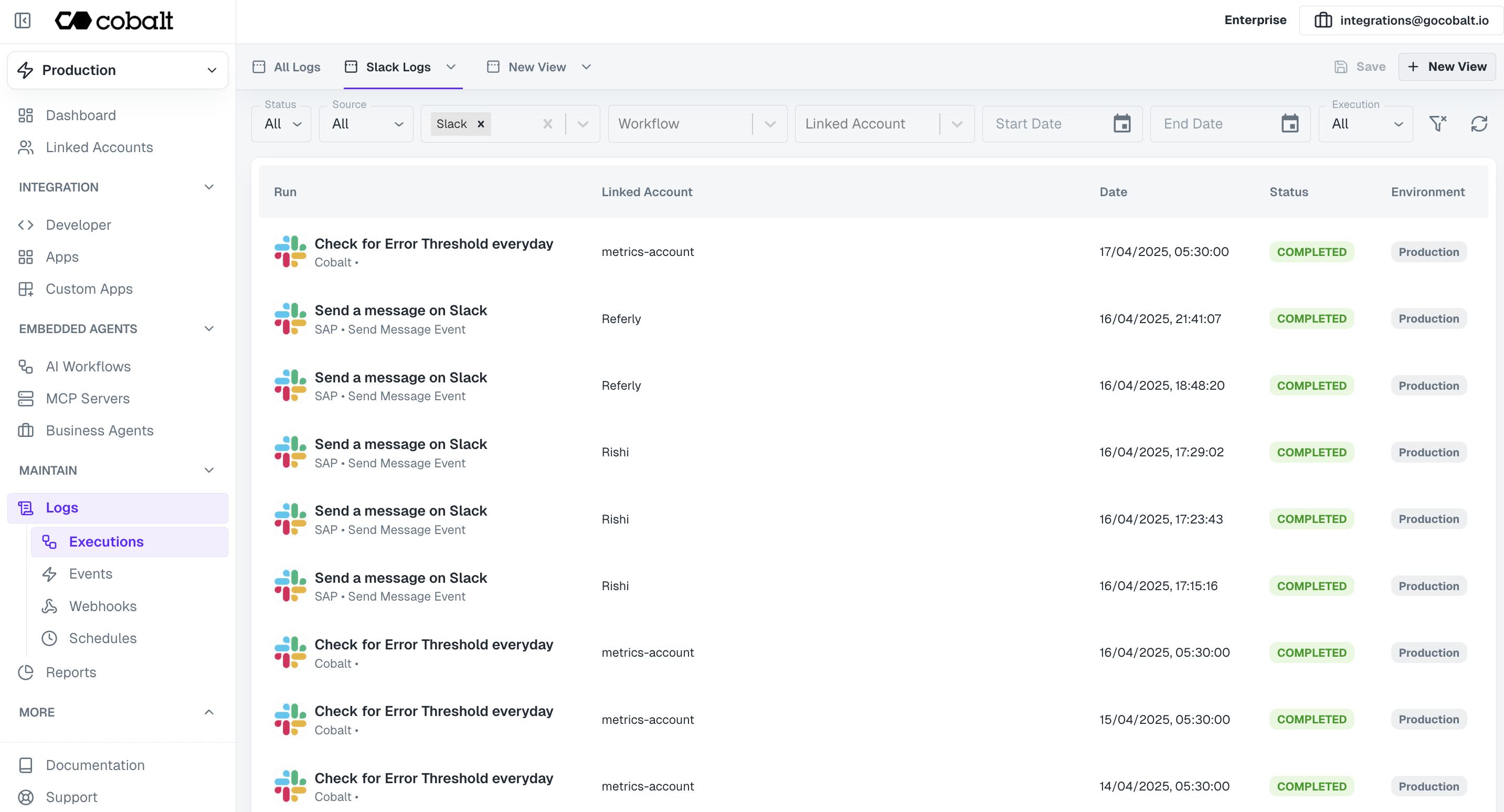 Views of Workflow logs in Cobalt