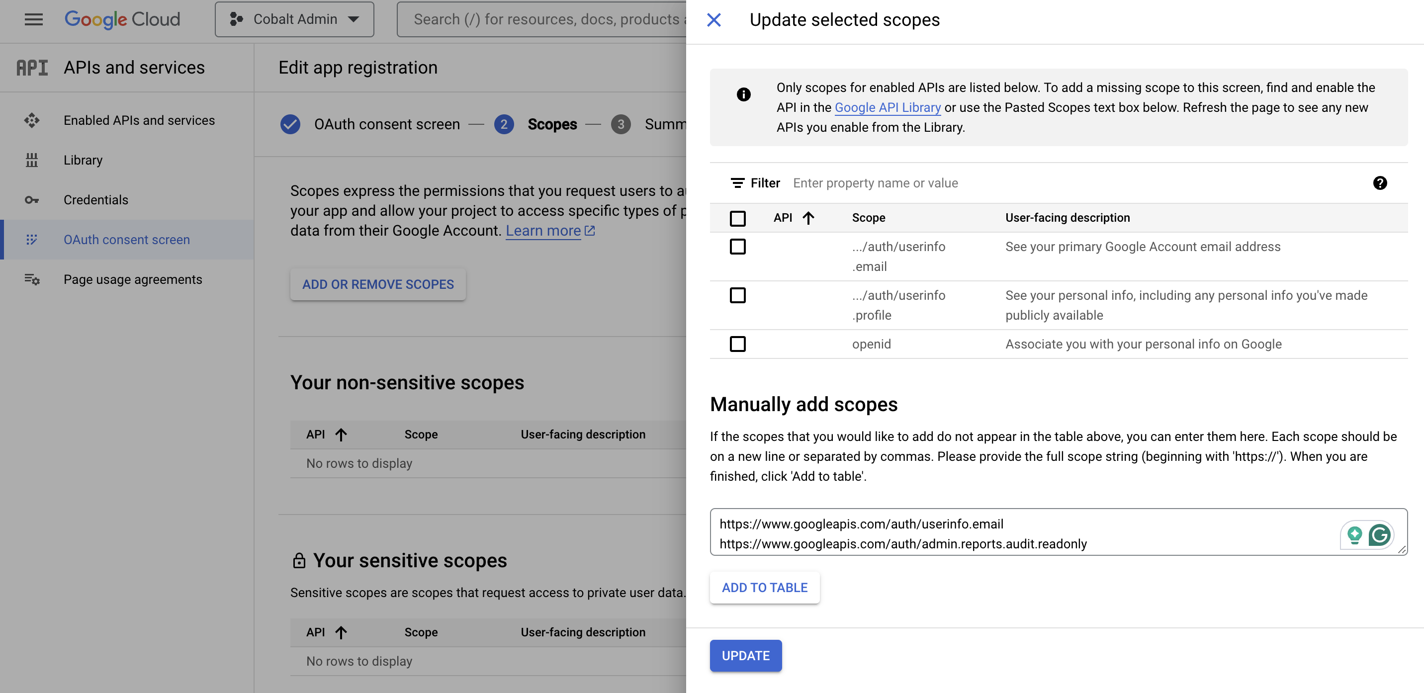 Scopes Selection in Google Admin App