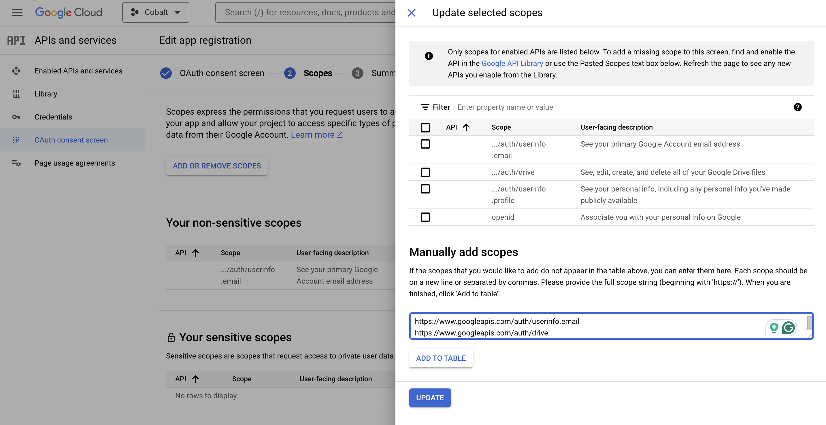 Scopes Selection in Google Drive App