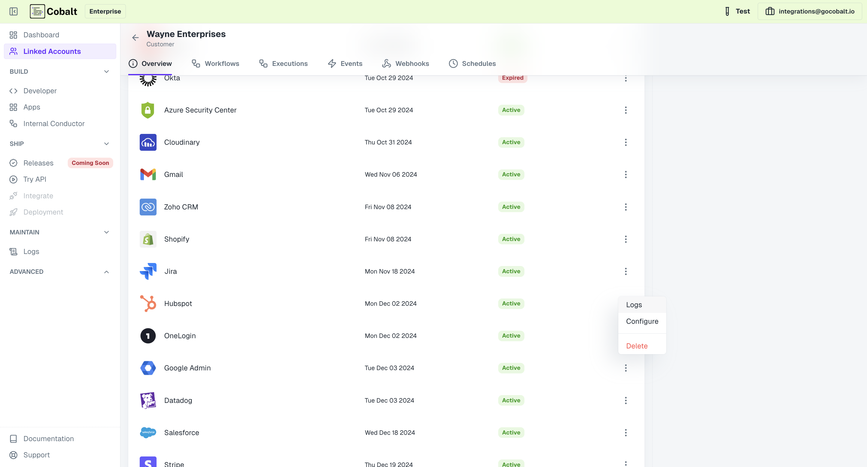 Navigation for Linked Account Integration Logs