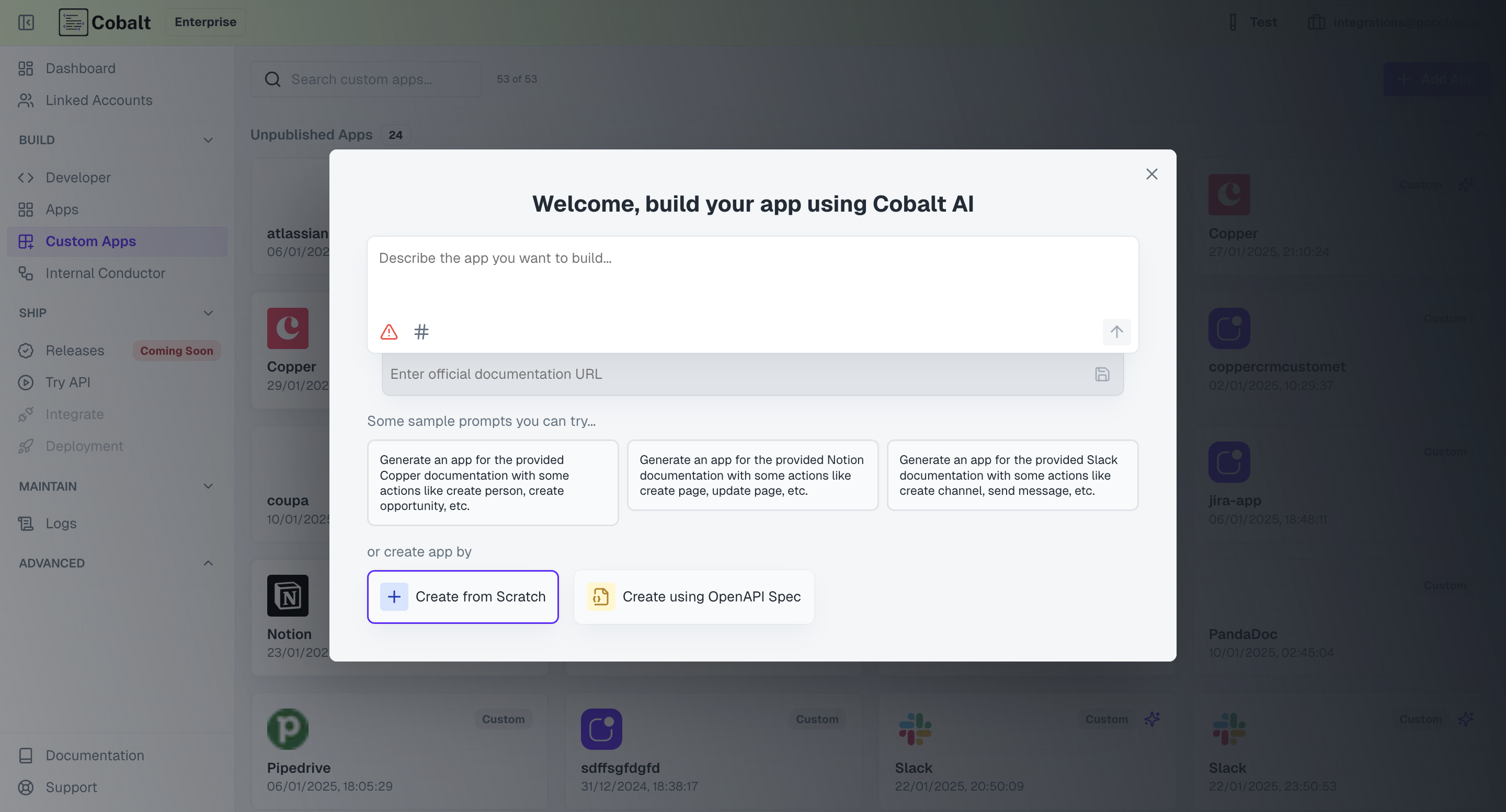 Custom App in the Apps list in Cobalt