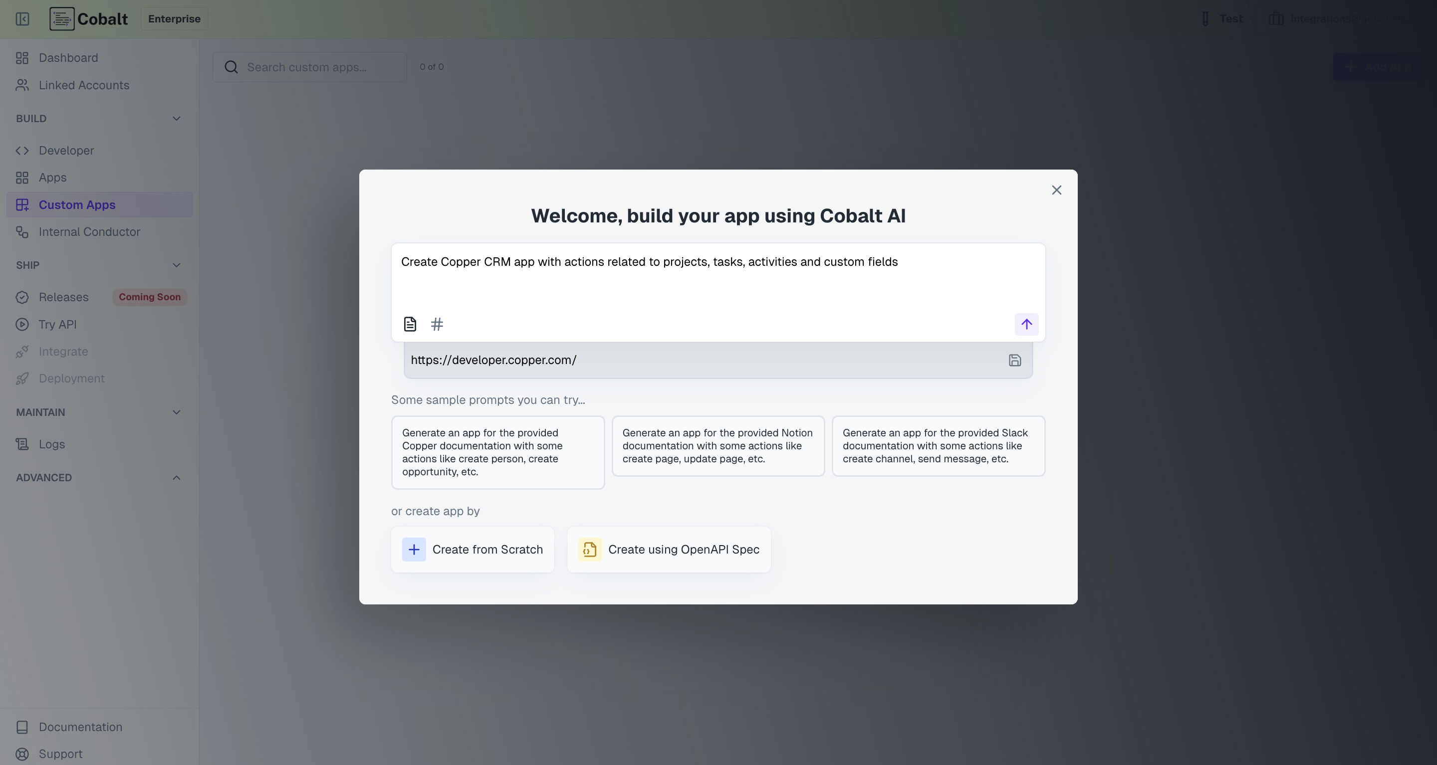 Custom App in the Apps list in Cobalt
