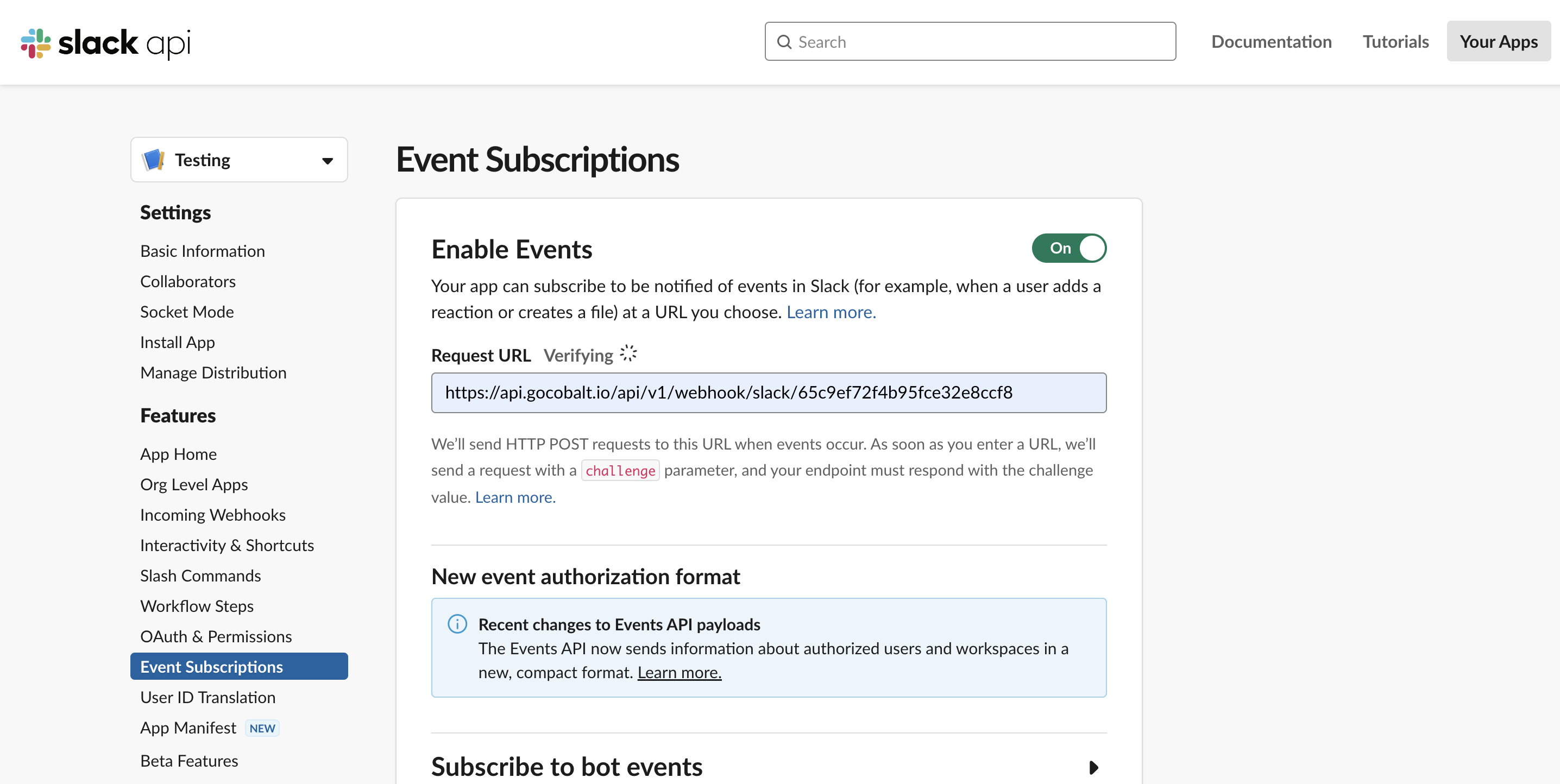 Setting up Slack Events URL