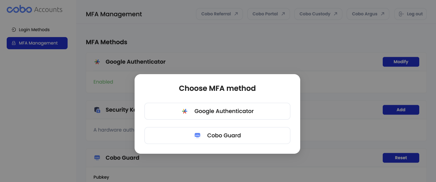 选择 MFA 方法对话框