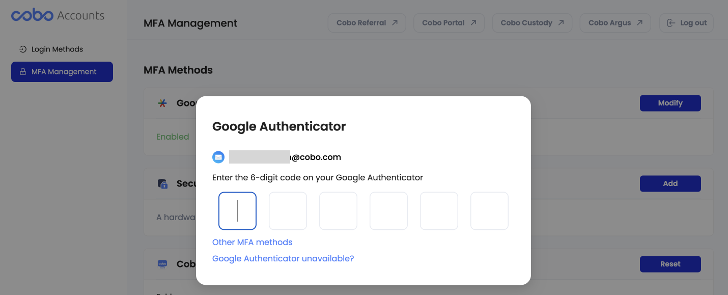 使用旧 Google Authenticator 设备重置的屏幕截图