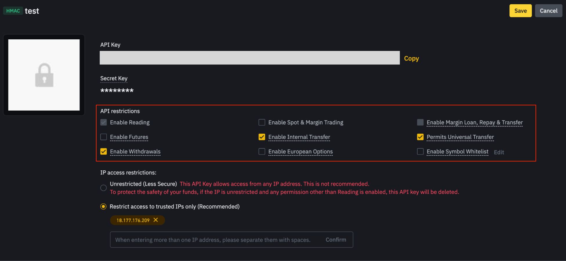 The API restrictions section